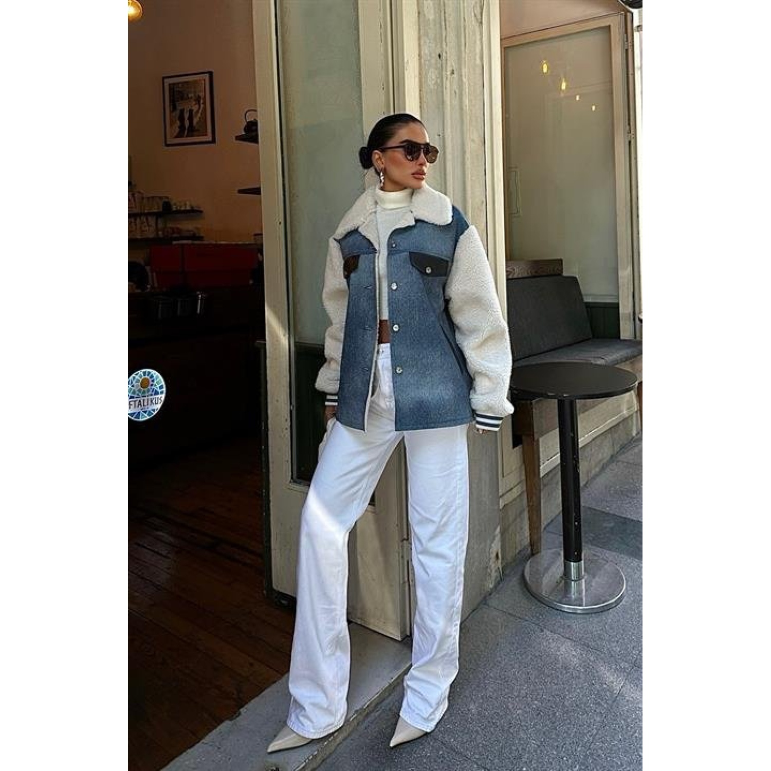 Lucky Life Kadın İçi Kürklü Deri Garnili Denim Görünümlü Ceket