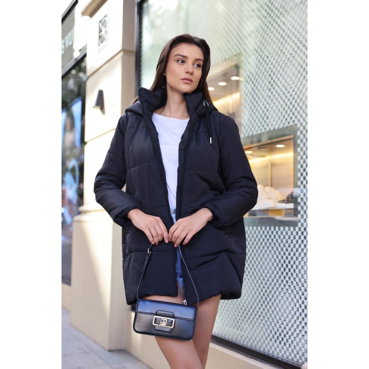 Lucky Life Kadın Kapüşonlu Oversize Şişme Mont - Lacivert