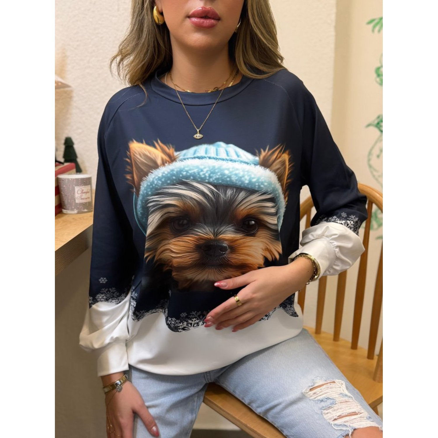 Lucky Life Kadın Uzun Kollu Bisiklet Yaka Köpek Baskılı şardonlu 