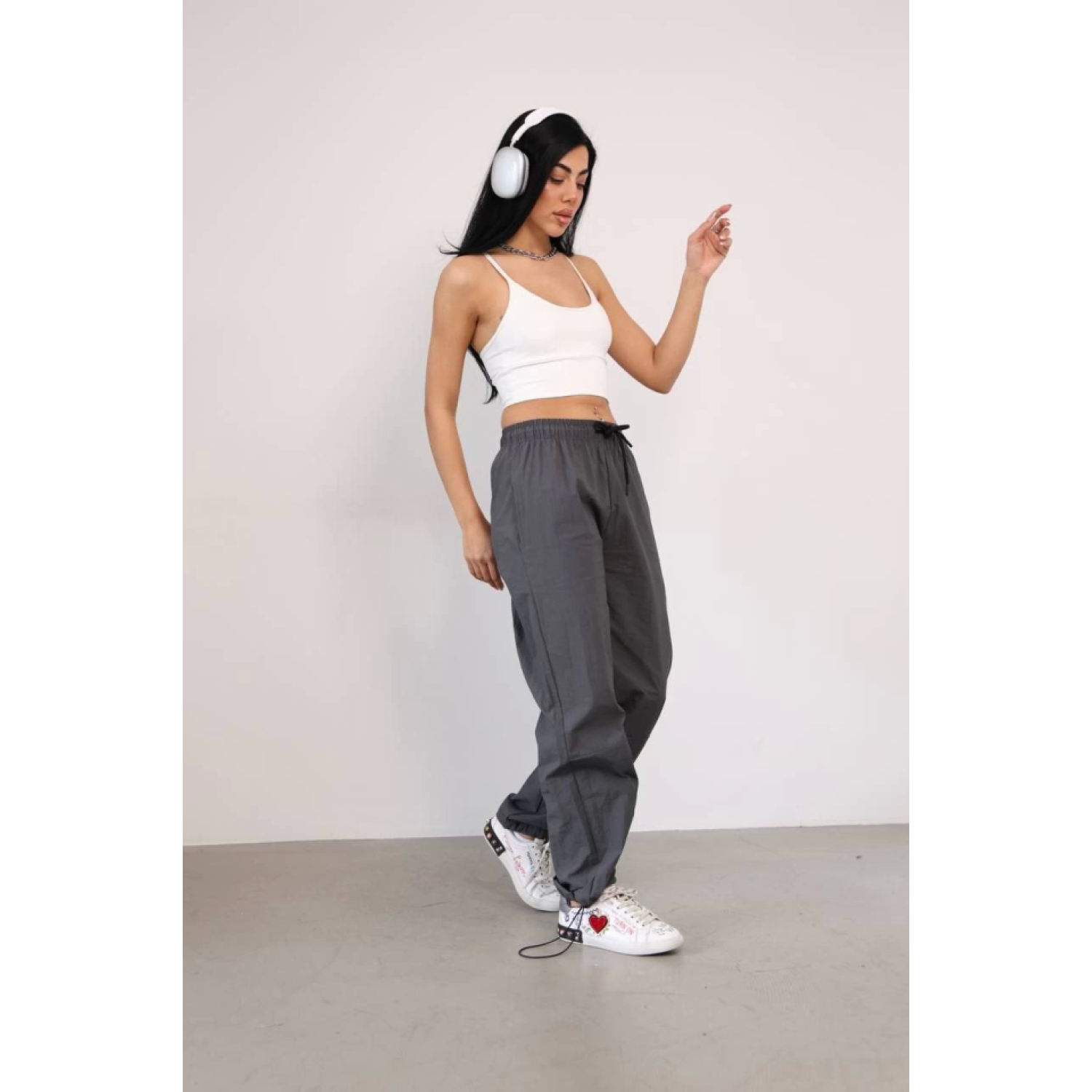 Lucky Life Kadın Paraşut Kumaş Paça Cepli Baggy Eşofman - Antrasi