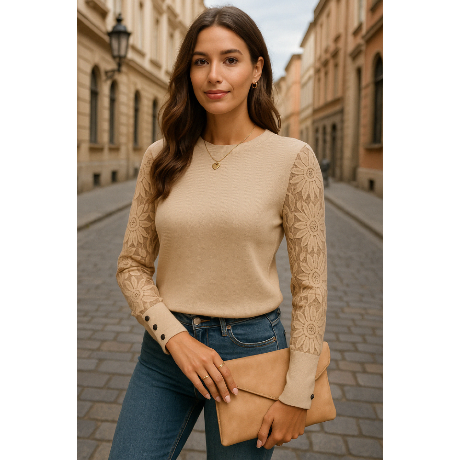 Lucky Life Kadın Uzun Kollu Bisiklet Yaka Kolları çiçekli Waffle