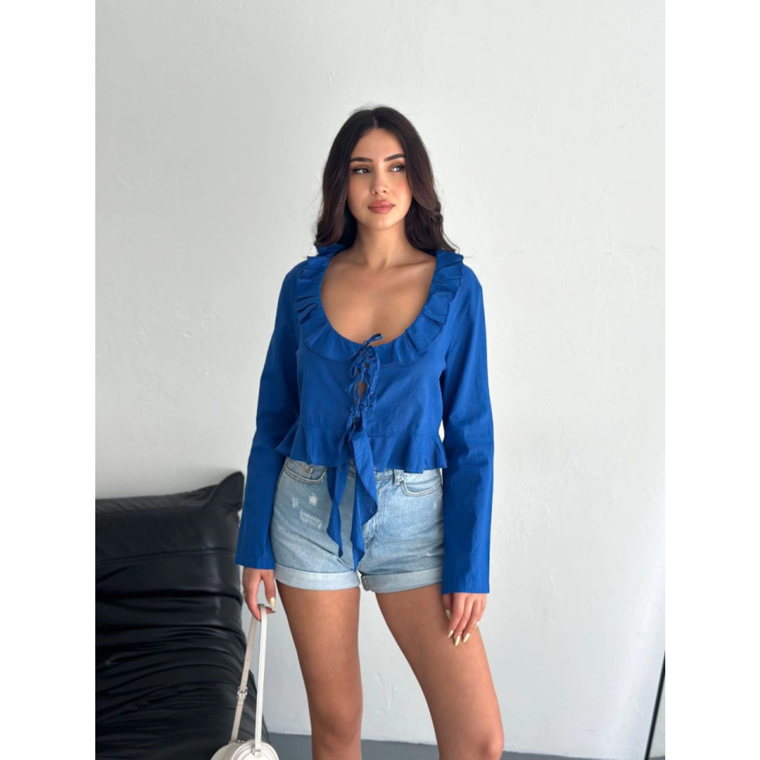 Lucky Life Kadın Keten Uzun Kol Bağacık Detaylı Bluz - Lacivert