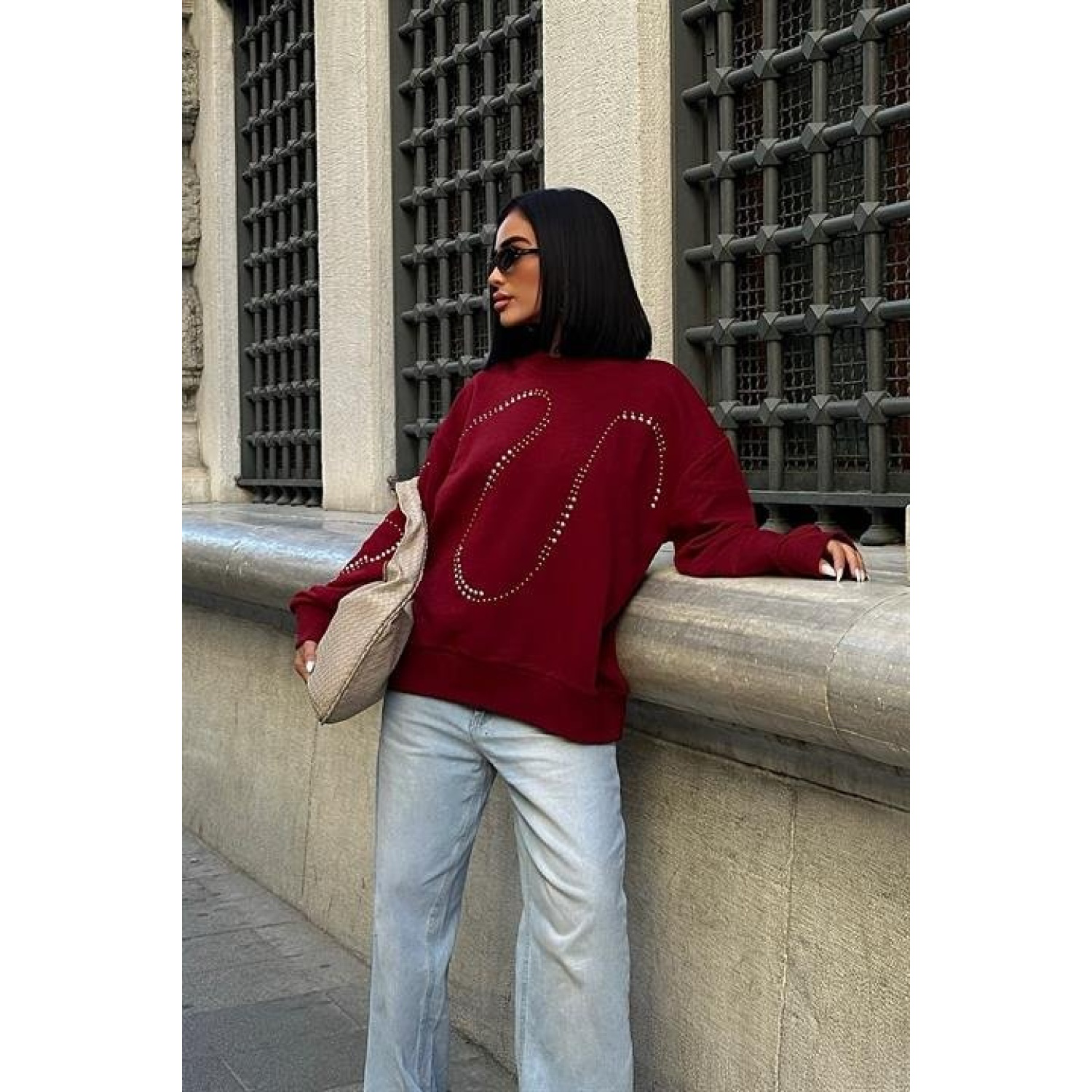 Lucky Life Kadın Gümüş Taşlı Sweatshirt