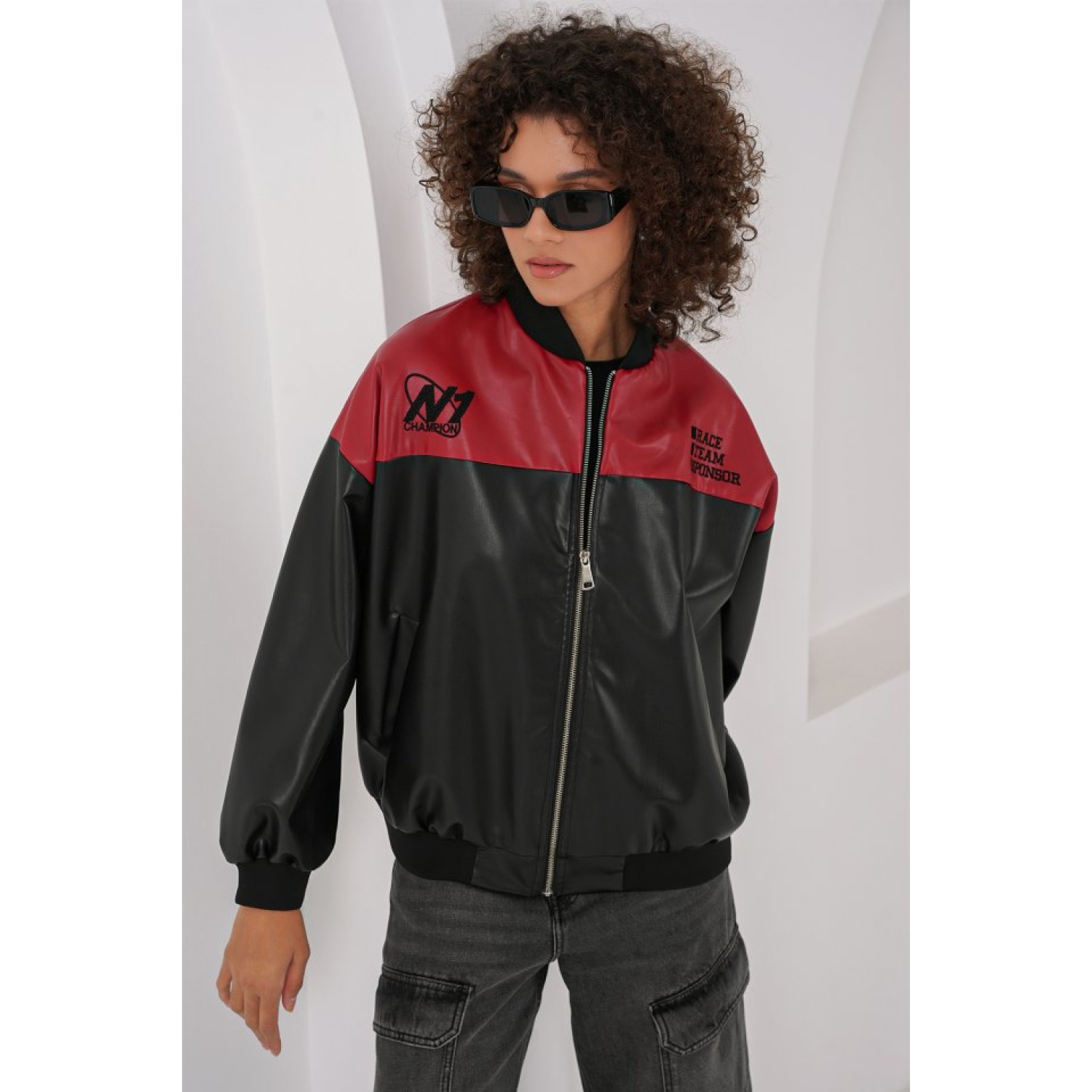 Lucky Life Kadın Baskılı Suni Deri Bomber Ceket - Bordo