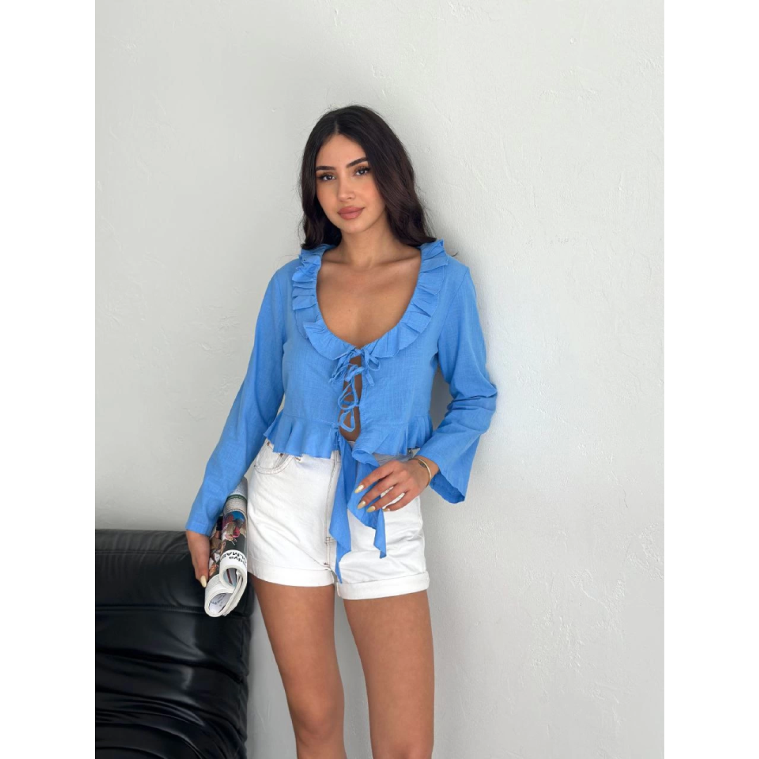 Lucky Life Kadın Keten Uzun Kol Bağacık Detaylı Bluz - Mavi