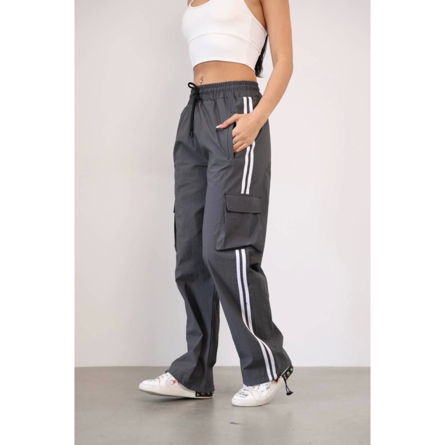 Lucky Life Kadın Paraşut Kumaş Kargo Çeplı Baggy Esofman - Gri