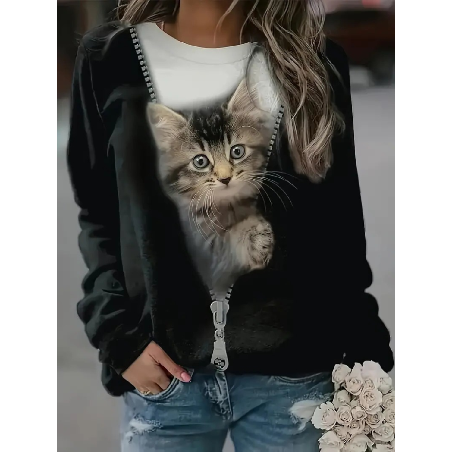 Lucky Life Kadın Uzun Kollu Bisiklet Yaka Kedi Baskılı şardonlu D