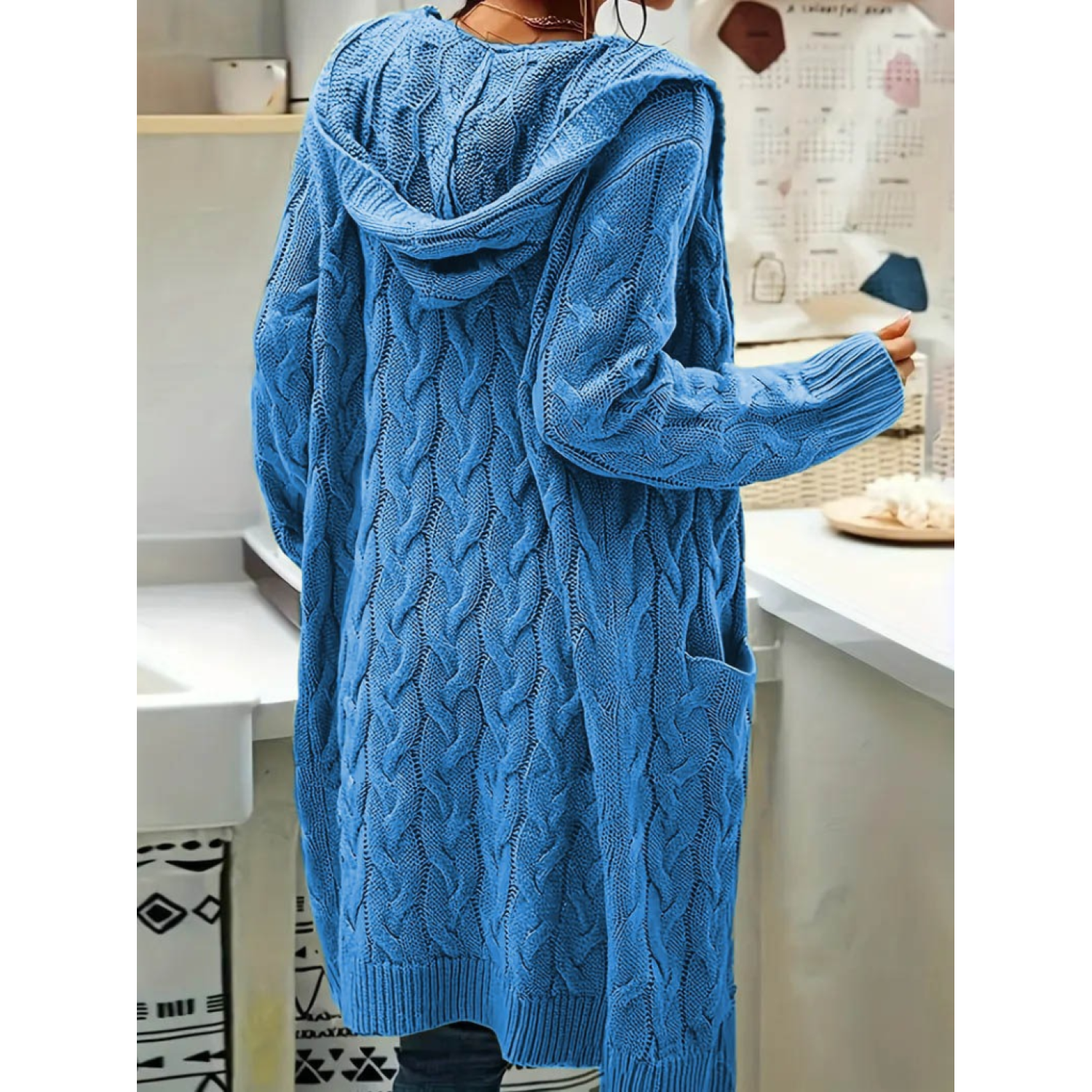 Lucky Life Kadın Uzun Kollu Kapşonlu önü Açık Cepli Midi Hırka