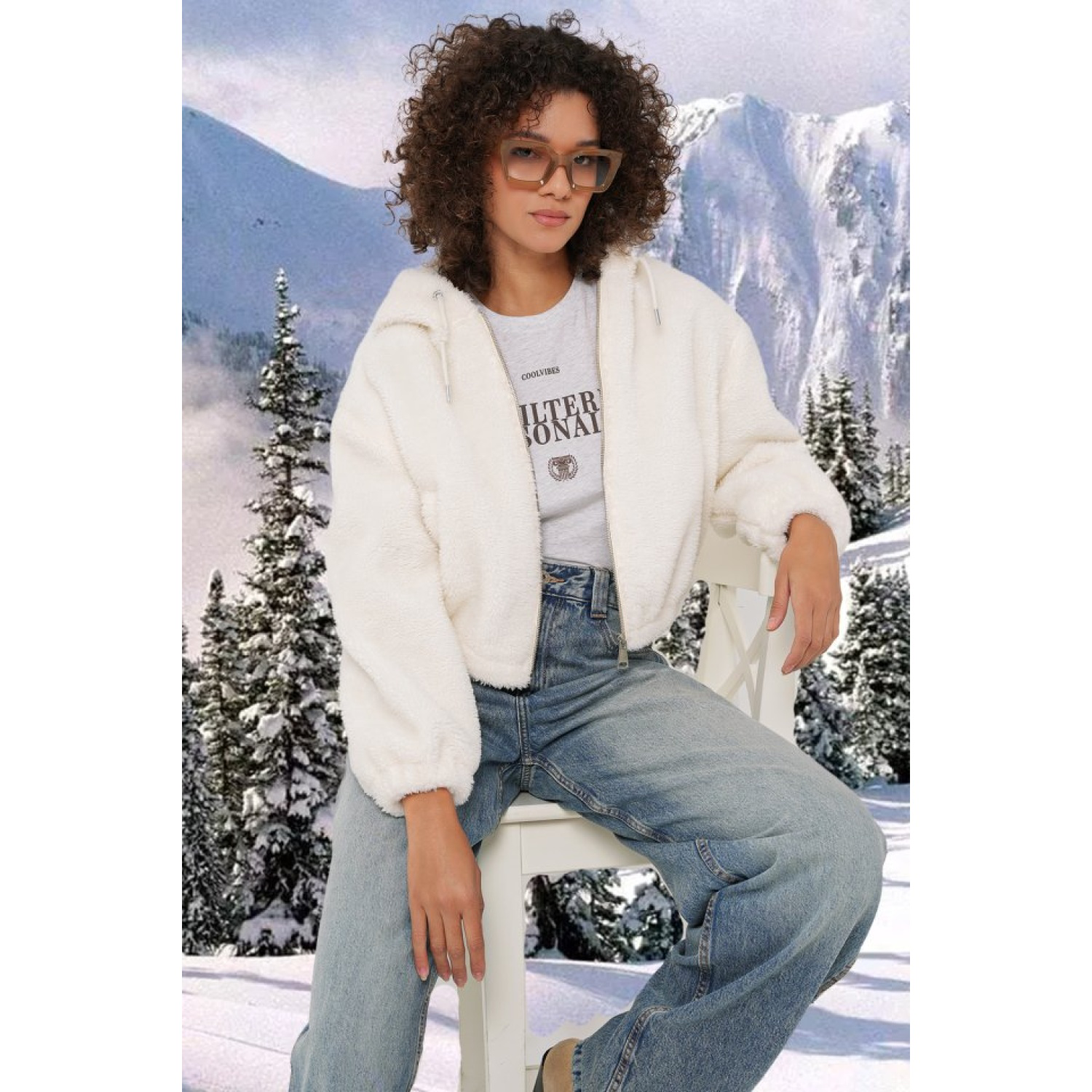 Lucky Life Kadın Kapüşonlu Peluş Crop Ceket - Ekru