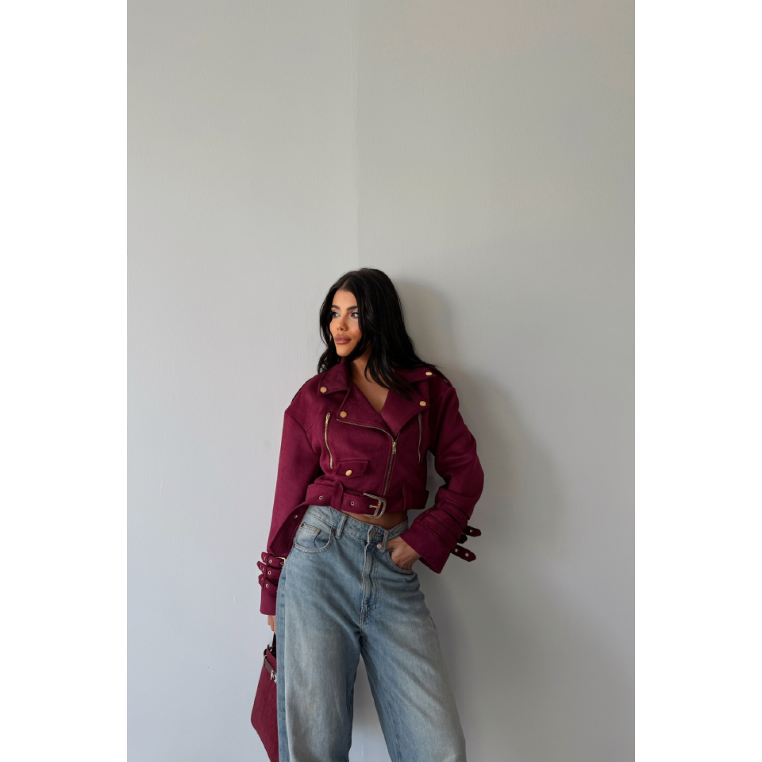 Lucky Life Kadın SÜET CROP CEKET KOL 3 KEMER DETAYLI - Bordo