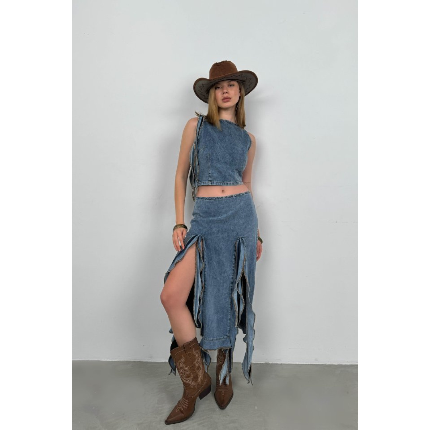 Lucky Life Kadın Fırfır Detay Denim Bluz Lucky Life Kadın Fırfır Detay Denim Bluz