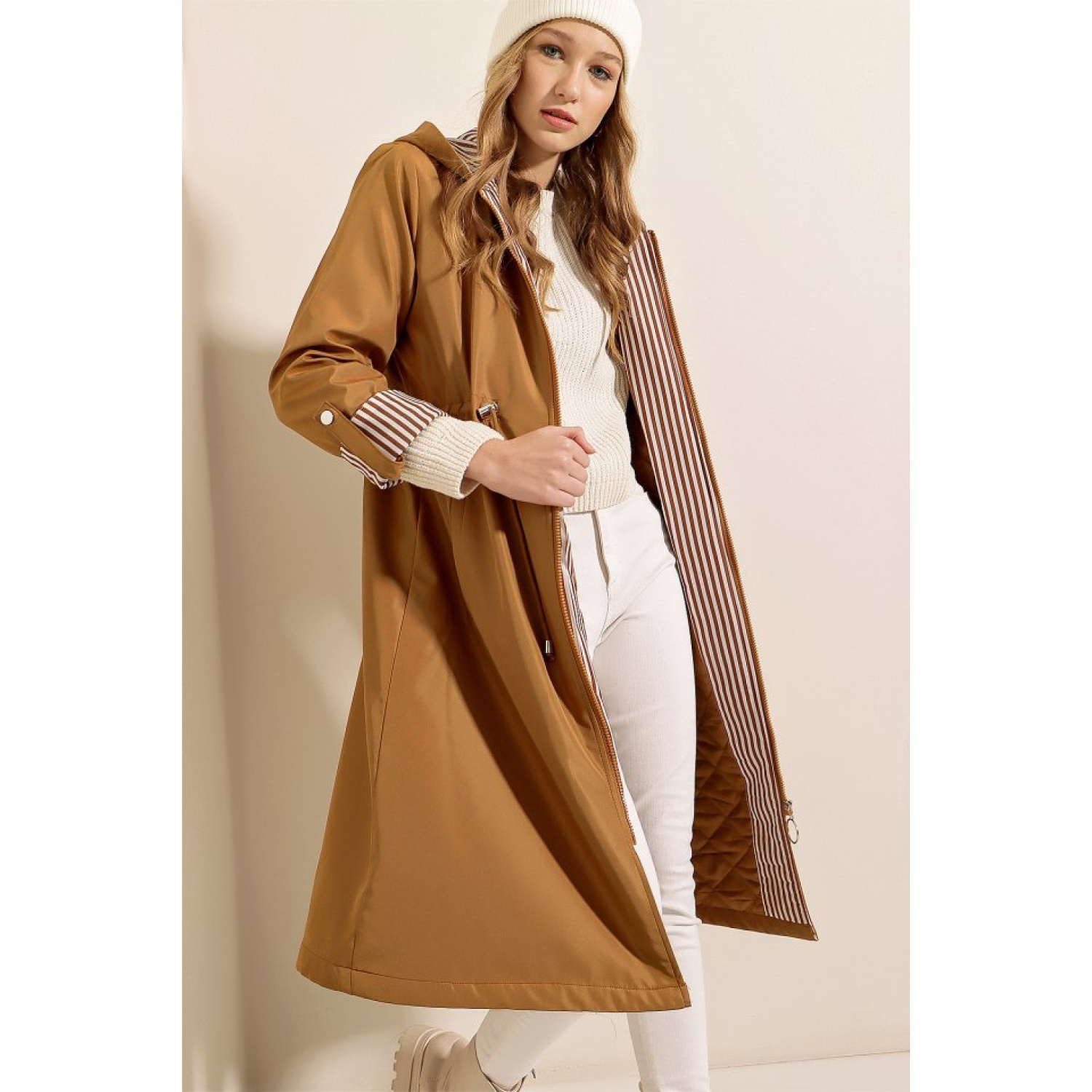 Lucky Life Kadın  Lucky Life Kadın Beli Büzgülü Kapşonlu Trençkot