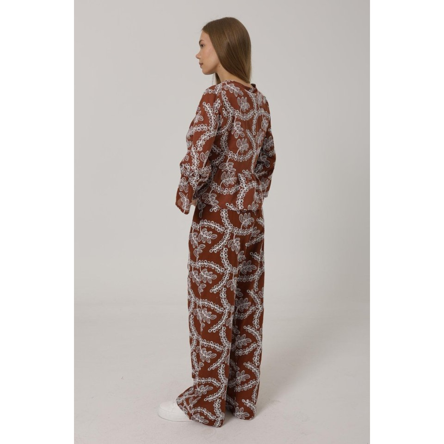 Lucky Life Kadın İşlemeli Oversize Pantolon - Kahve