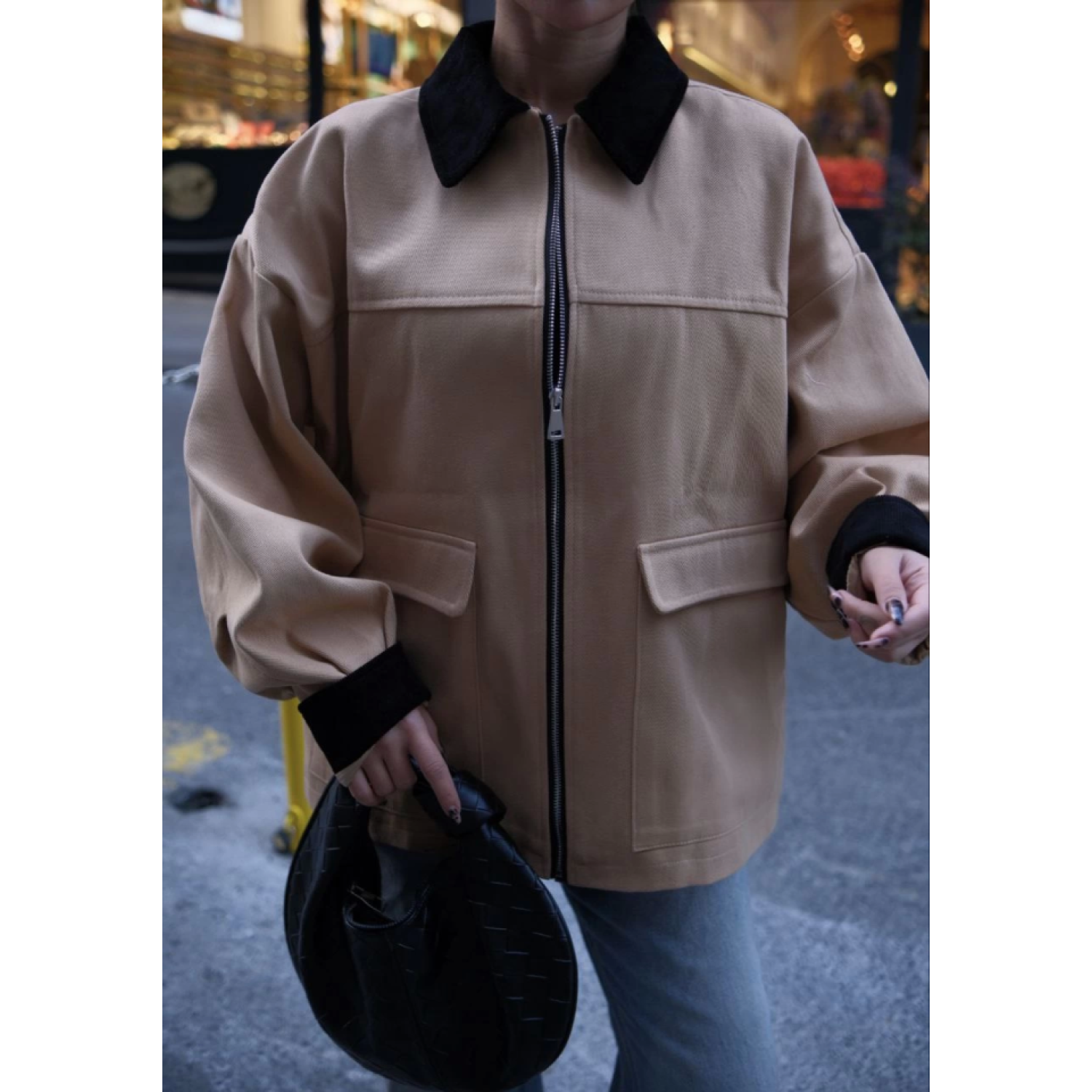 Lucky Life Kadın Yaka Ve Kol Kadife Gabardin Ceket - Kahve