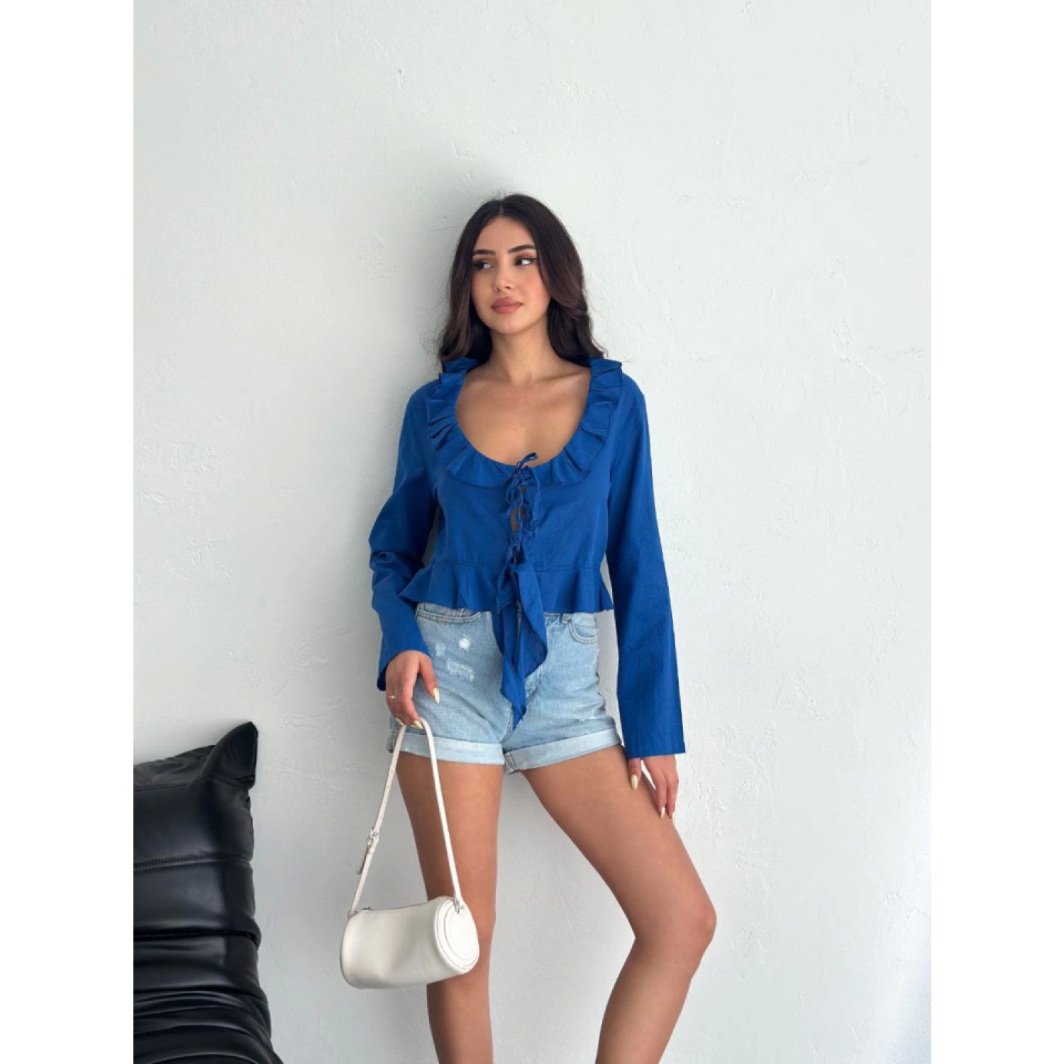 Lucky Life Kadın Keten Uzun Kol Bağacık Detaylı Bluz - Lacivert