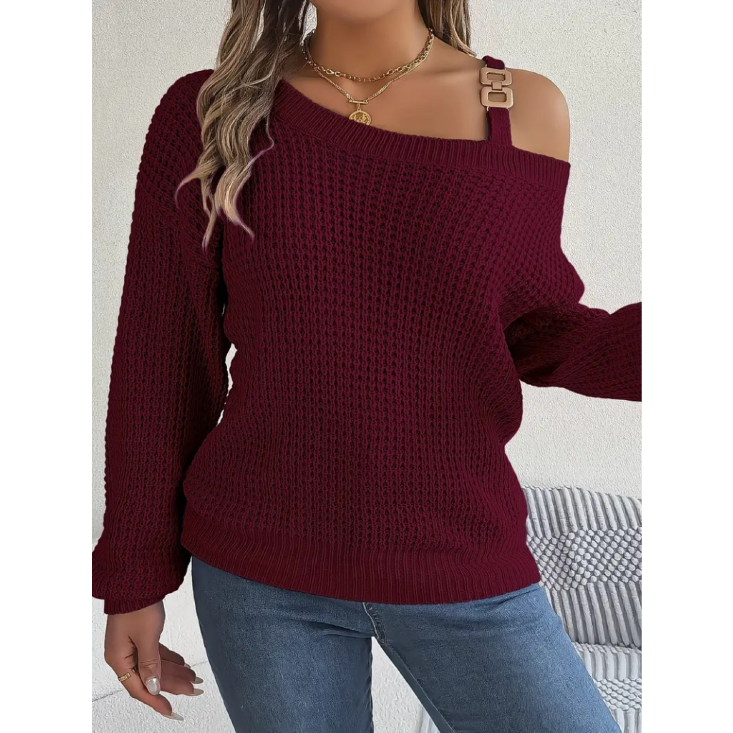 Lucky Life Kadın Uzun Kollu Tek Omuzu Açık Tokalı Triko Bluz