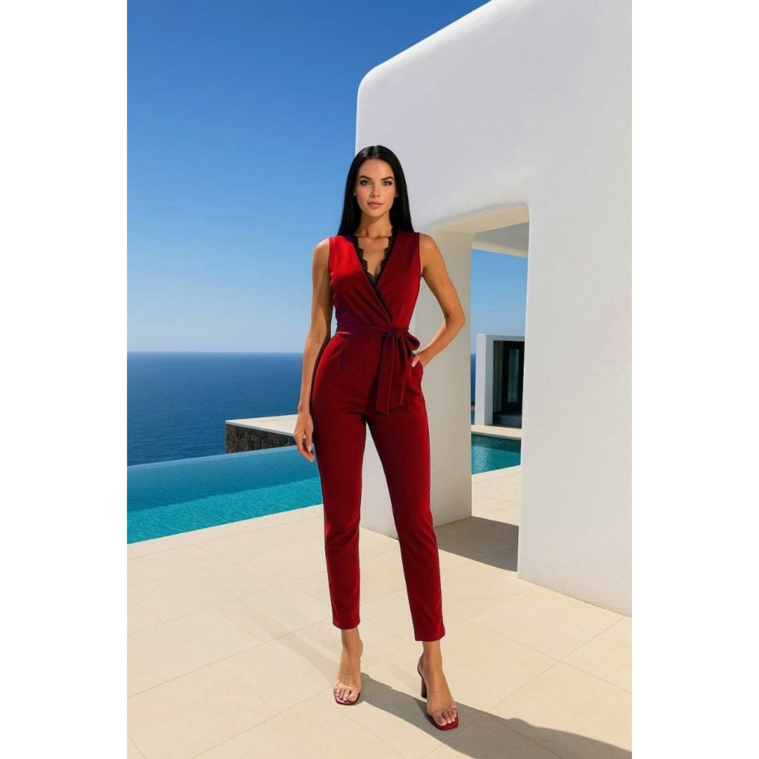 Lucky Life Kadın Kruvaze Yaka Dantel Güpür Ve Kuşak Detay Tulum