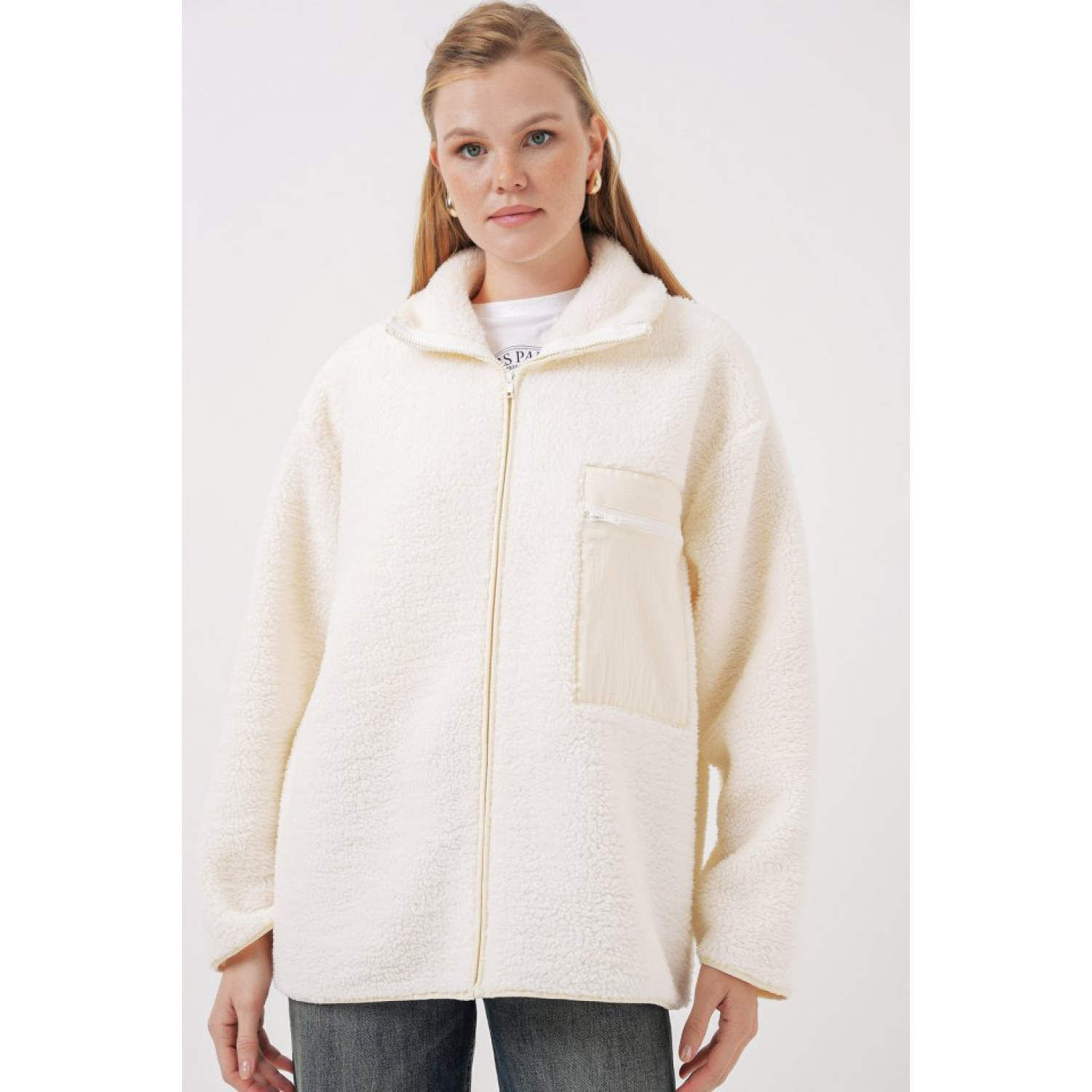 Lucky Life Kadın Fermuarlı Oversize Peluş Mont - Bej