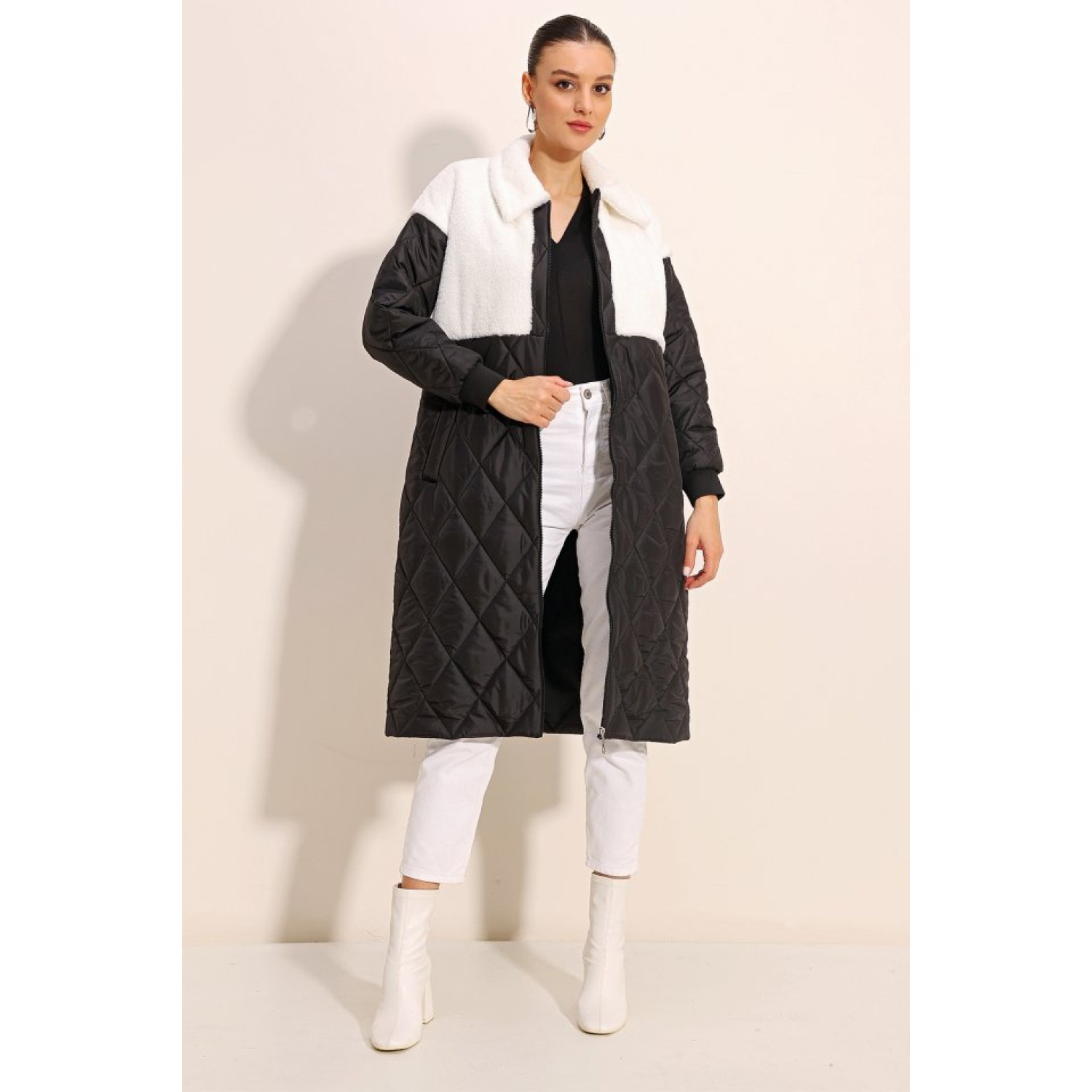 Lucky Life Kadın Uzun Oversize Şişme Mont - Beyaz