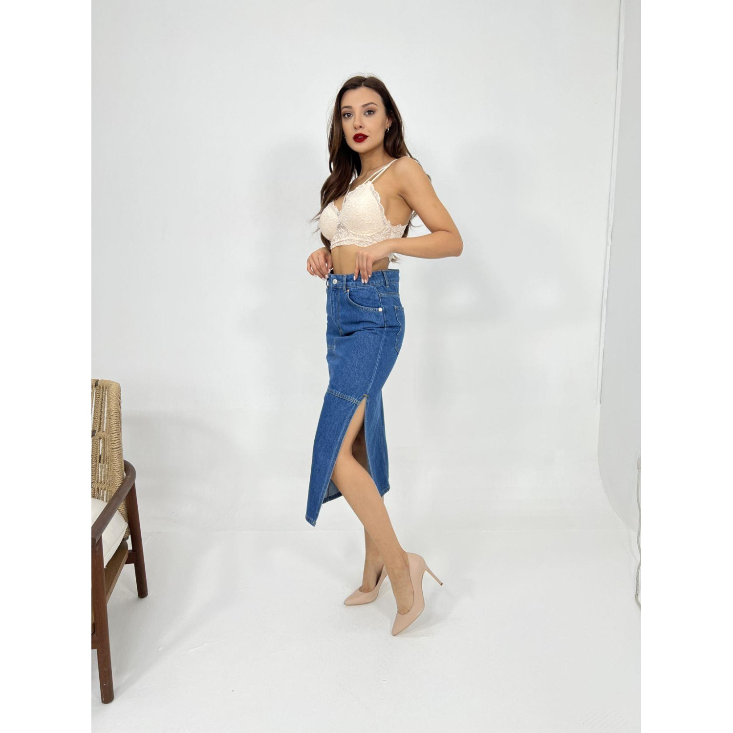 Lucky Life Kadın 00 SLIPPED MIDI SKIRT-MAVİ