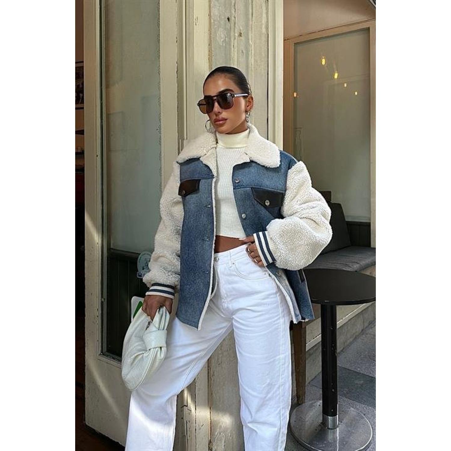 Lucky Life Kadın İçi Kürklü Deri Garnili Denim Görünümlü Ceket