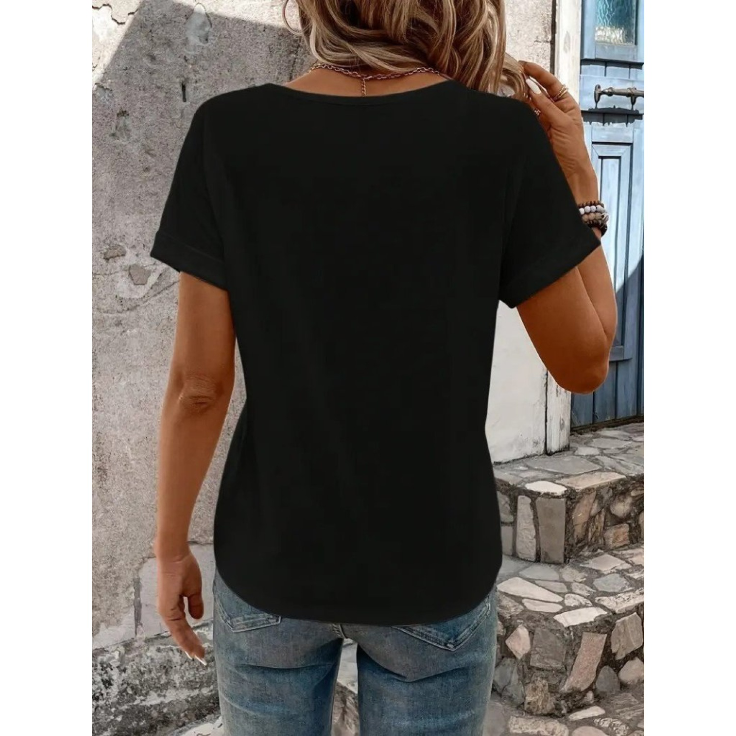 Lucky Life Kadın Kısa Kollu V Yakalı şerit Detaylı Viskon Bluz