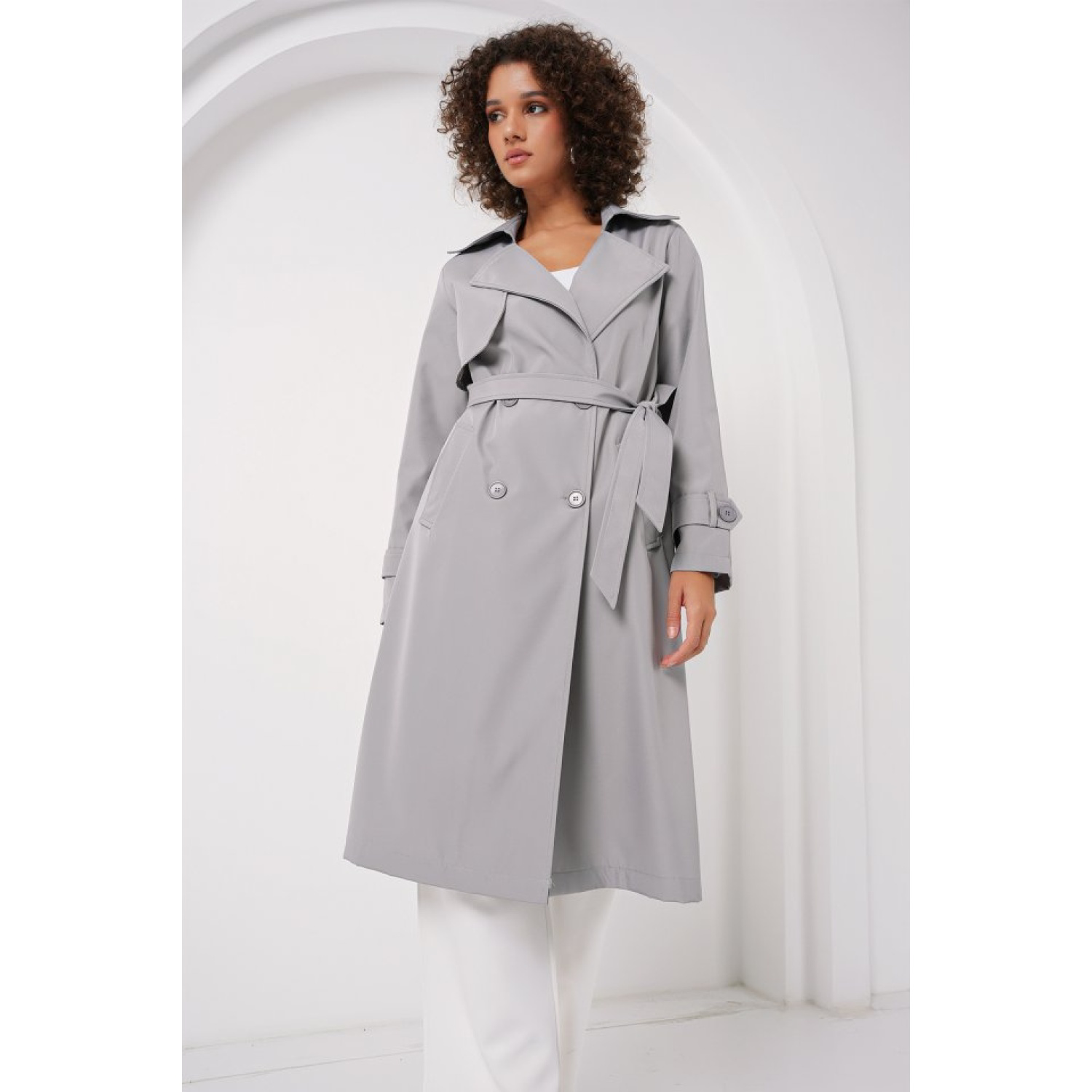 Lucky Life Kadın Kruvaze Yaka Trençkot - Gri