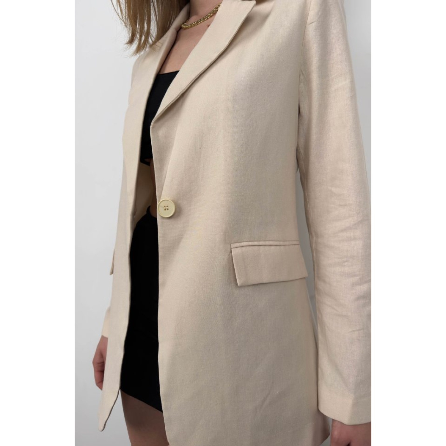 Lucky Life Kadın Tek Düğmeli Keten Blazer Lucky Life Kadın Tek Düğmeli Keten Blazer