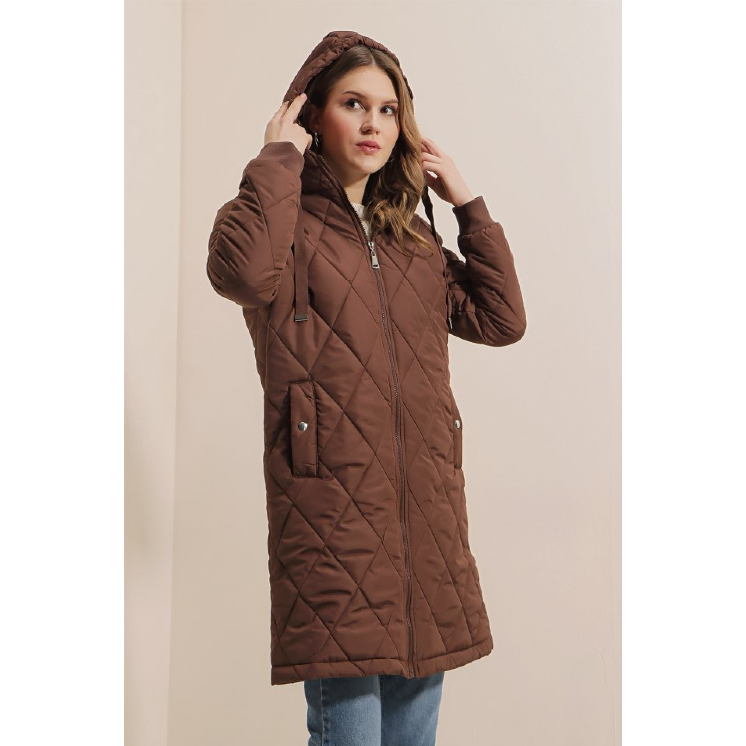 Lucky Life Kadın Kapitone Uzun Şişme Mont - Kahverengi