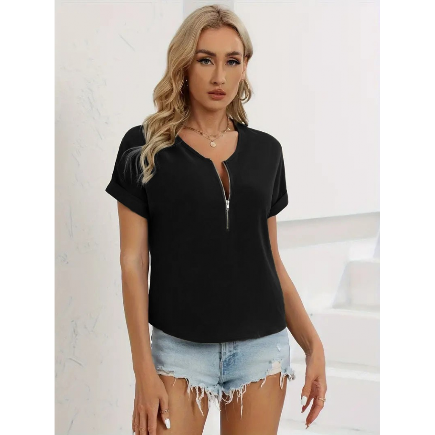 Lucky Life Kadın Kısa Kollu V Yaka Fermuarlı Salaş Sandy Bluz