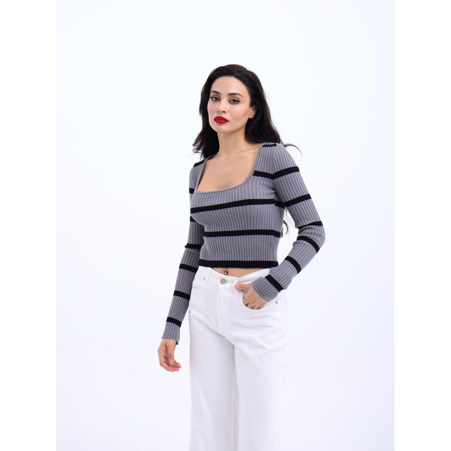 Lucky Life Kadın 221 TRİKO ÇİZGİLİ FİTİLLİ CROP-GRİ-SİYAH Lucky Life Kadın 221 TRİKO ÇİZGİLİ FİTİLLİ CROP-GRİ-SİYAH