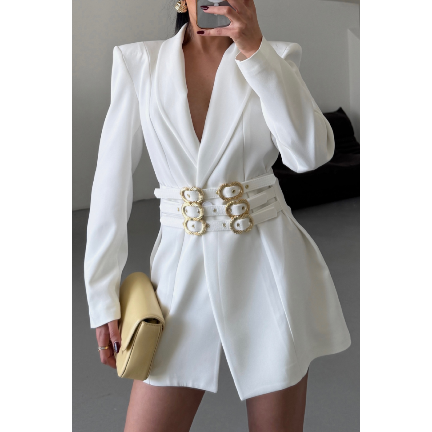 Lucky Life Kadın TEK DÜĞME CEKET 3 TOKALI KEMER SÜSLÜ - Beyaz