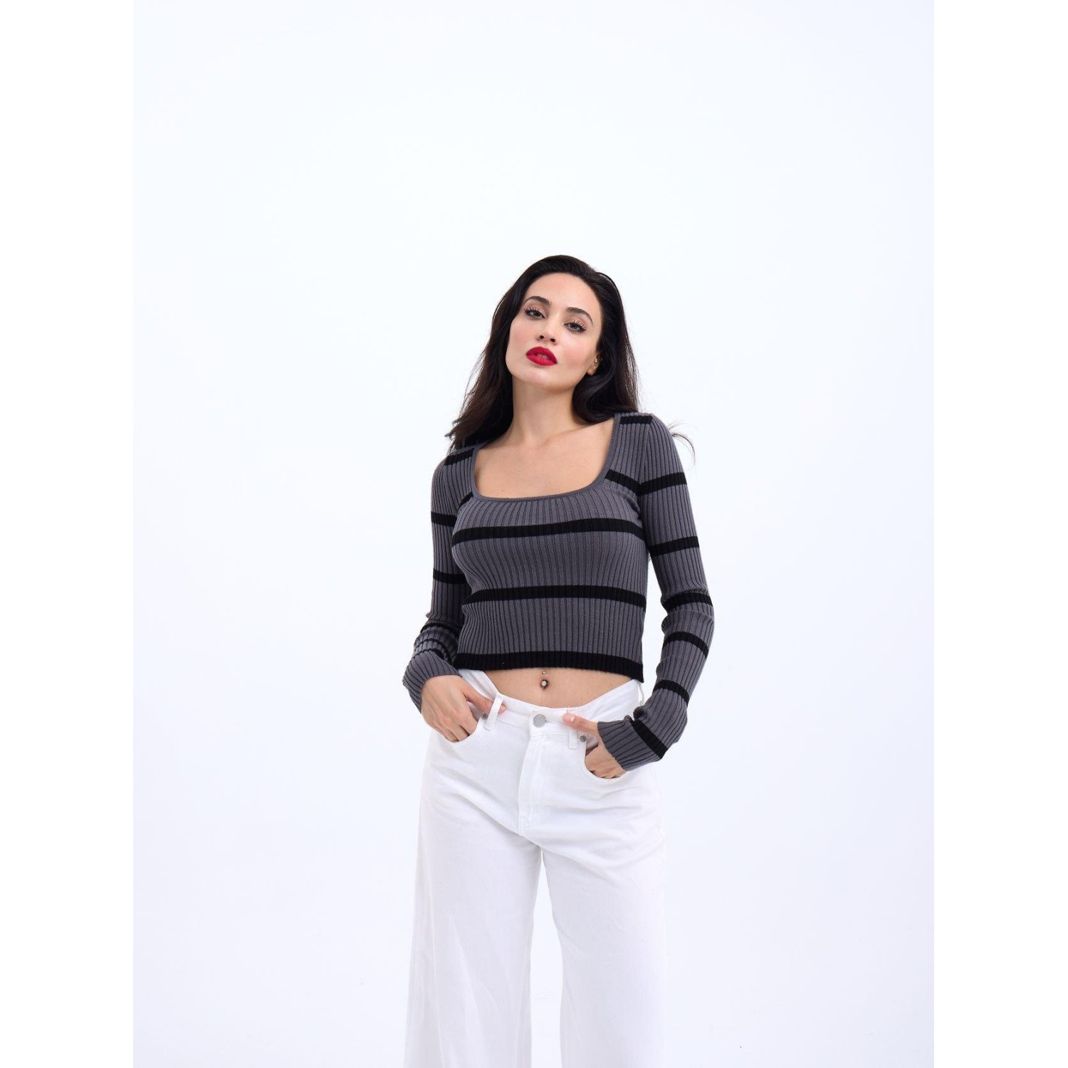 Lucky Life Kadın 221 TRİKO ÇİZGİLİ FİTİLLİ CROP-ANTRASİT-SİYAH Lucky Life Kadın 221 TRİKO ÇİZGİLİ FİTİLLİ CROP-ANTRASİT-SİYAH
