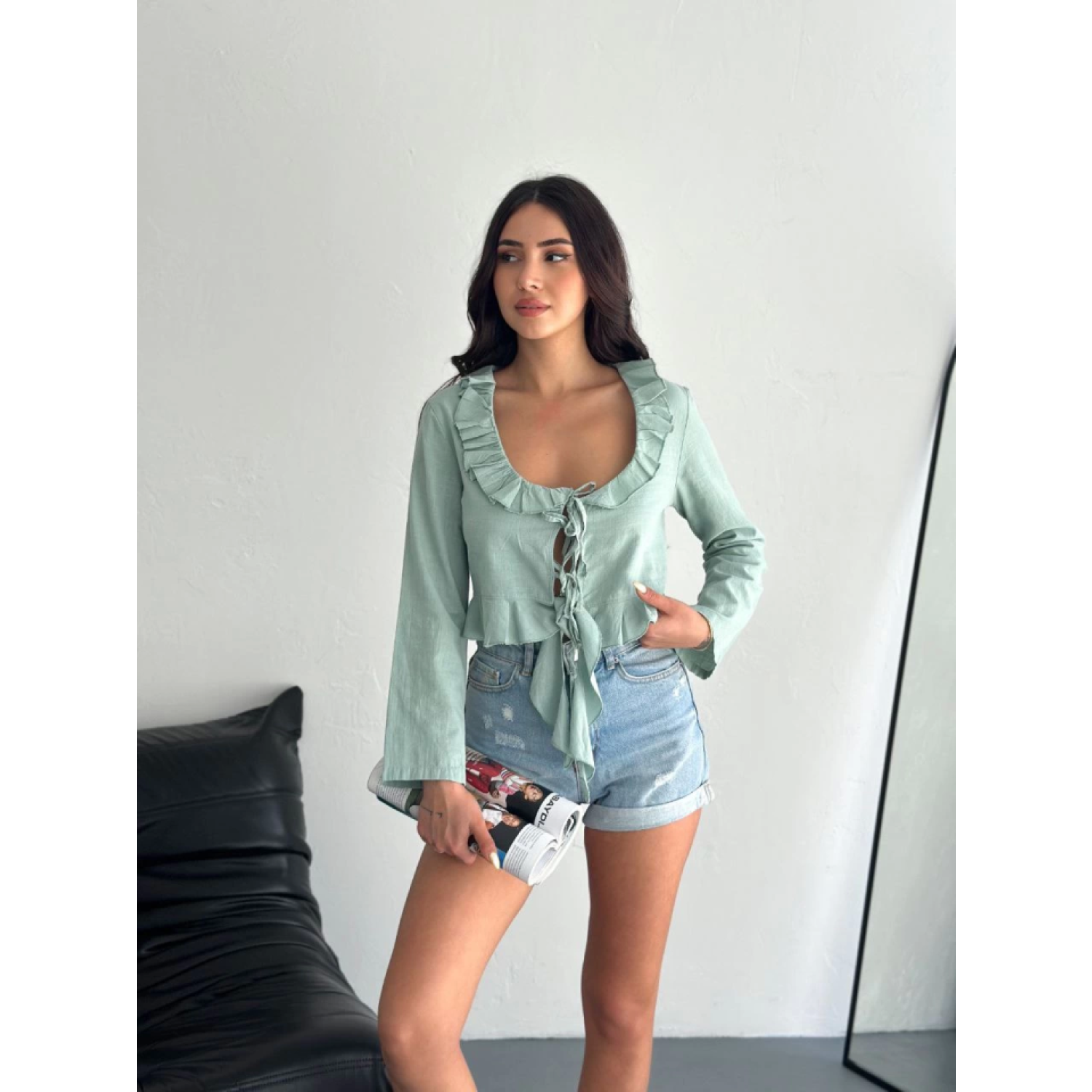 Lucky Life Kadın Keten Uzun Kol Bağacık Detaylı Bluz - Yeşil