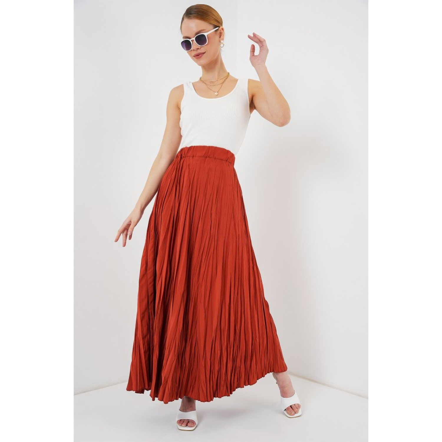 Lucky Life Kadın Uzun Kırışık Etek - Kiremit Lucky Life Kadın Uzun Kırışık Etek - Kiremit