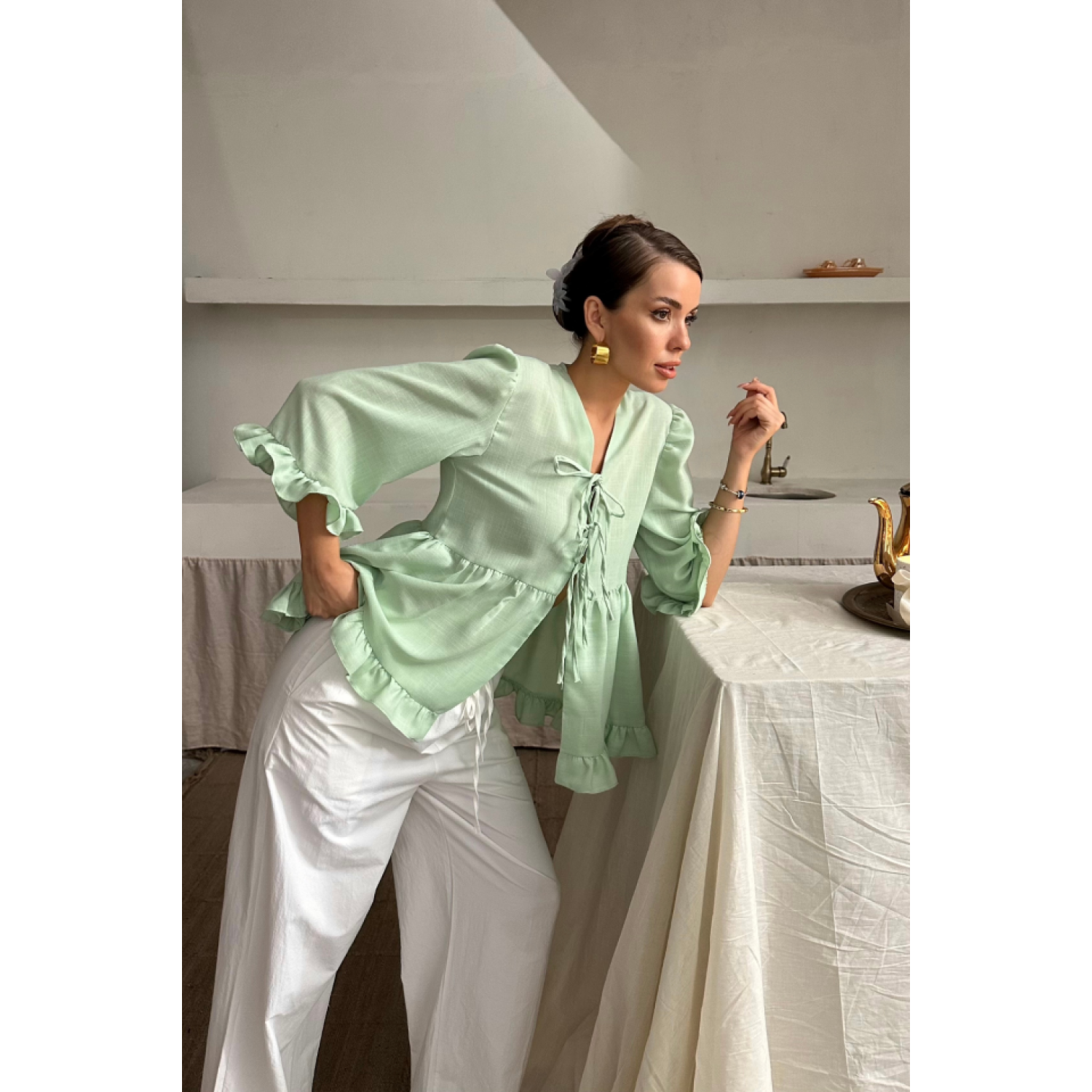 Lucky Life Kadın KETEN BLUZ ÖNDEN BAĞLAMALI FIRFIR DETAYLI - Yeşi