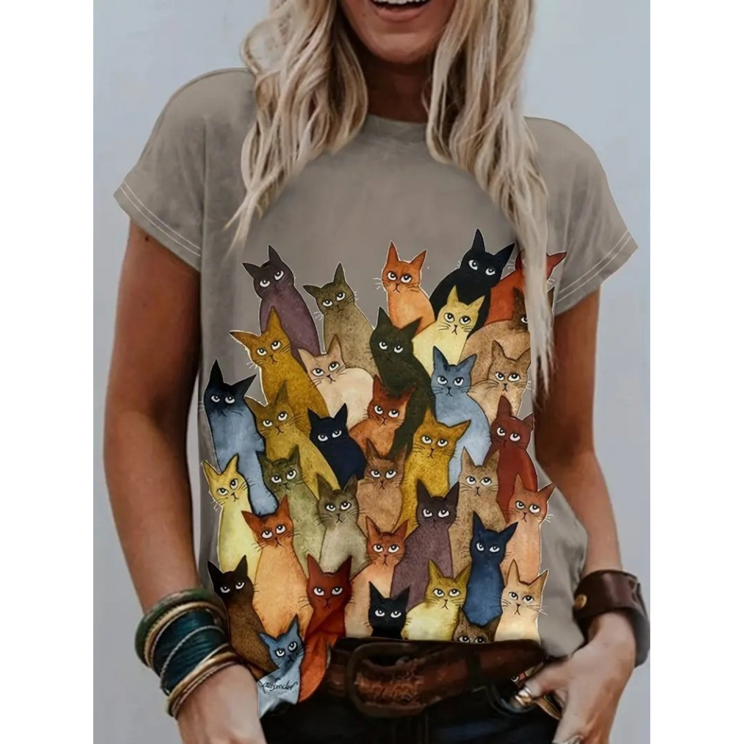 Lucky Life Kadın Kısa Kollu Bisiklet Yaka Kedi Desenli Süprem Blu Lucky Life Kadın Kısa Kollu Bisiklet Yaka Kedi Desenli Süprem Blu