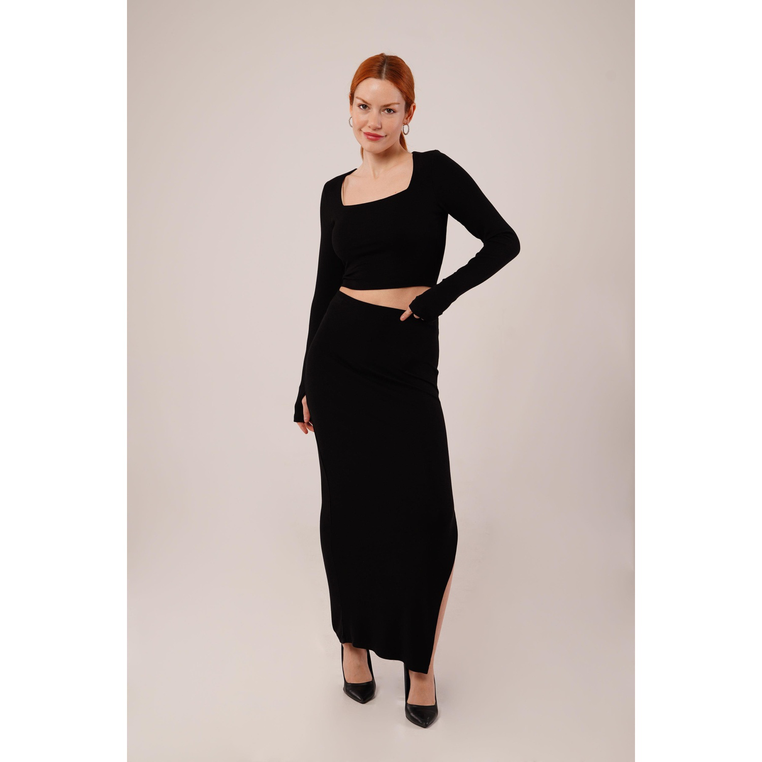 Lucky Life Kadın Kare Yaka Bluz Ve Yırtmaç Detaylı Etek İkili Siy