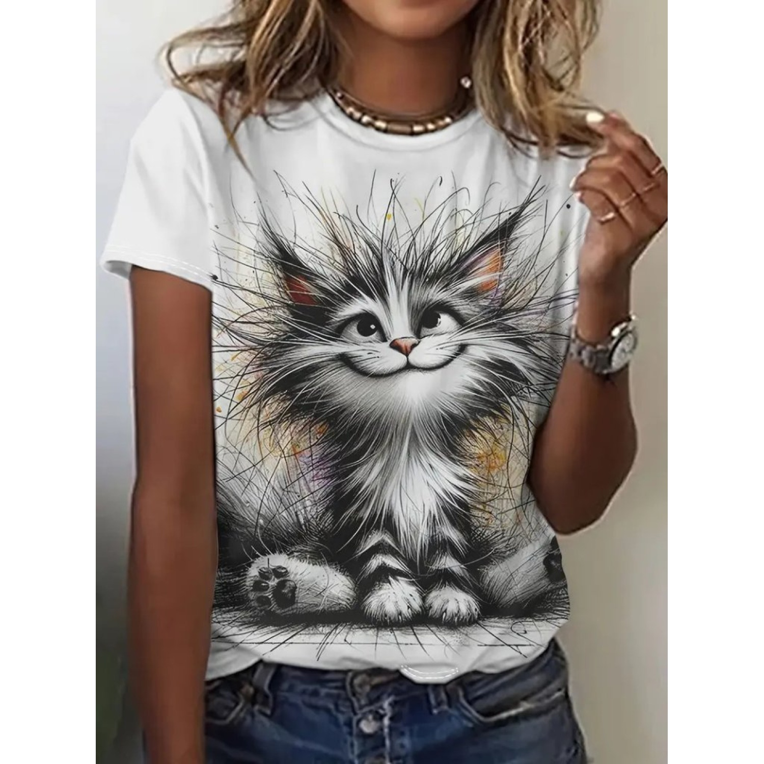 Lucky Life Kadın Kısa Kollu Bisiklet Yaka Kedi Baskılı Süprem Blu