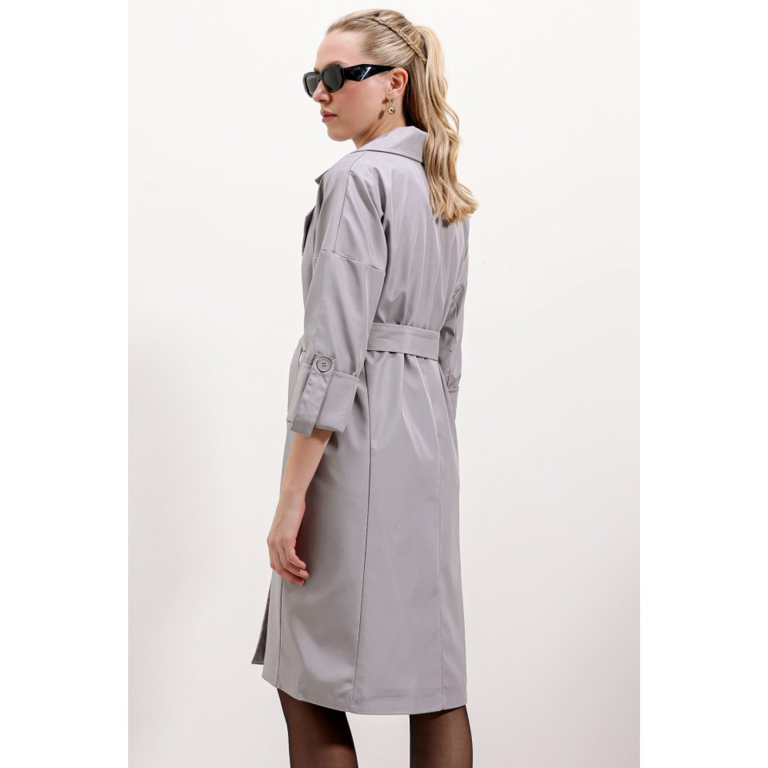 Lucky Life Kadın  Kruvaze Yaka Astarlı Trençkot - Gri