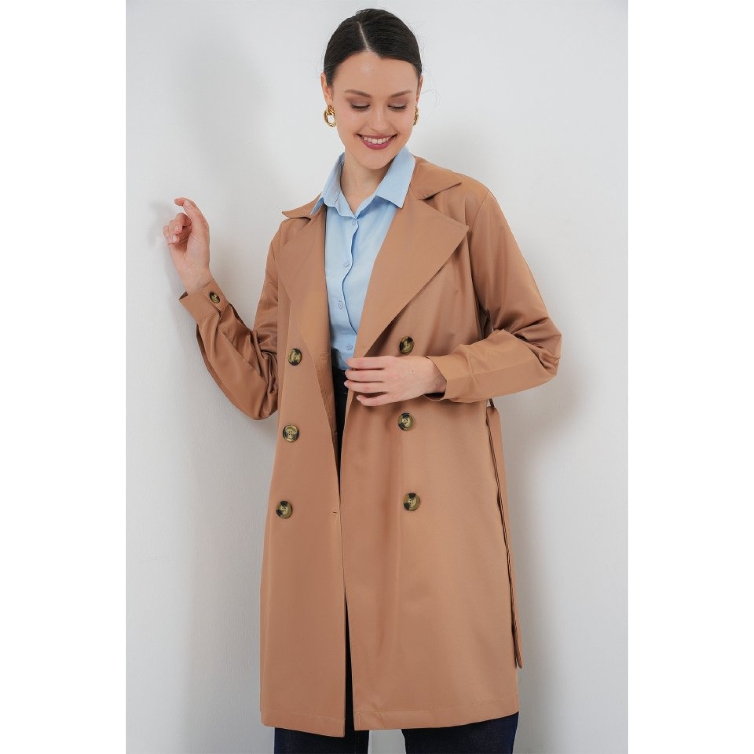 Lucky Life Kadın Kruvaze Yaka Kısa Trençkot - Taba