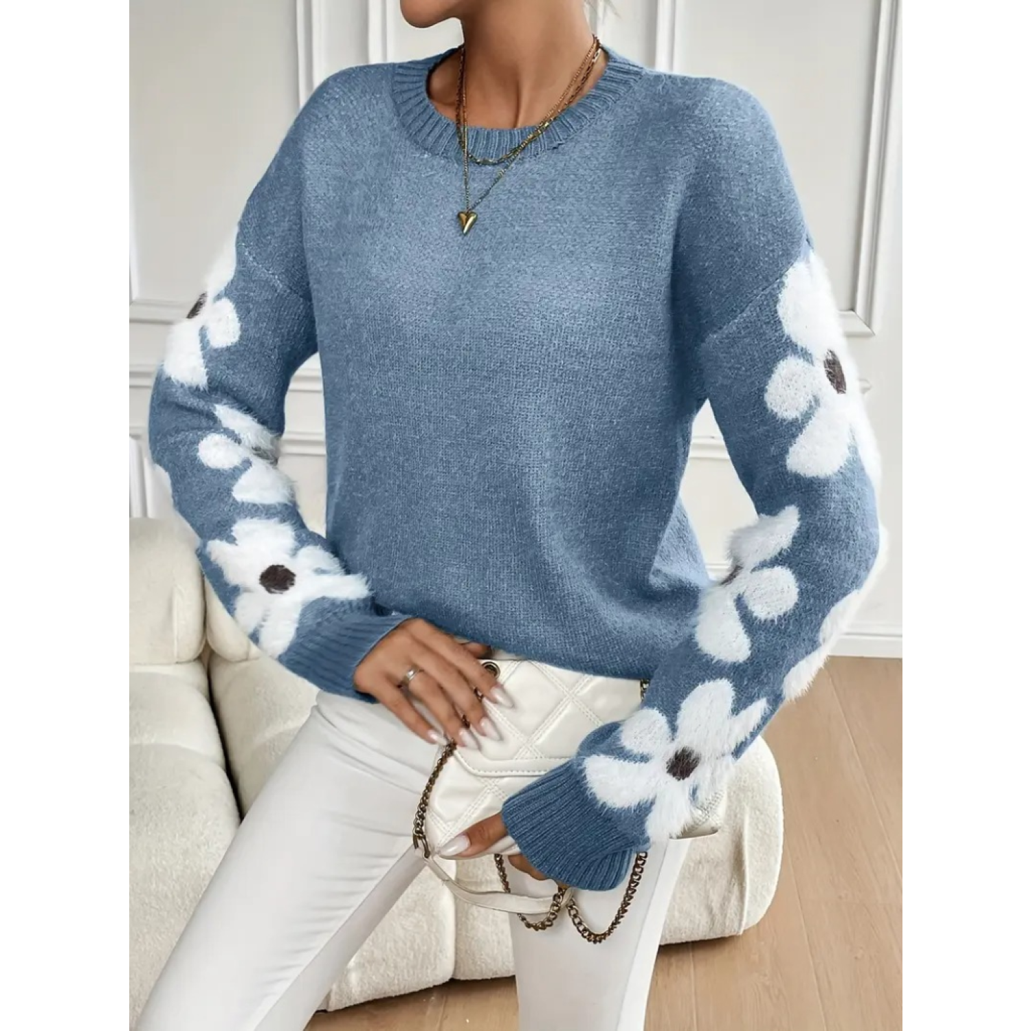 Lucky Life Kadın Uzun Kollu Bisiklet Yaka çiçek Desenli Triko Blu Lucky Life Kadın Uzun Kollu Bisiklet Yaka çiçek Desenli Triko Blu