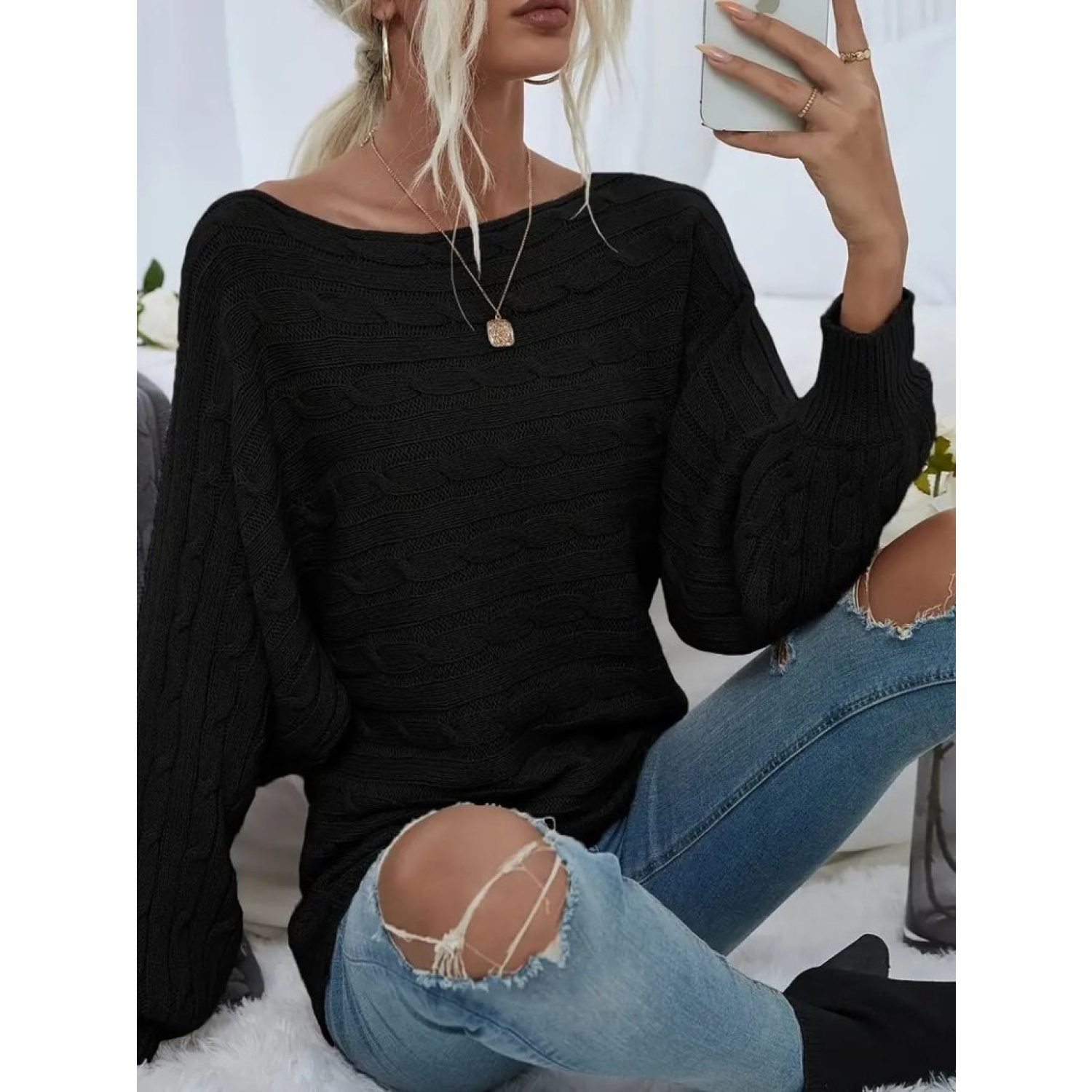 Lucky Life Kadın Uzun Kollu Yakası Açık Saç örgü Desenli Triko Bl
