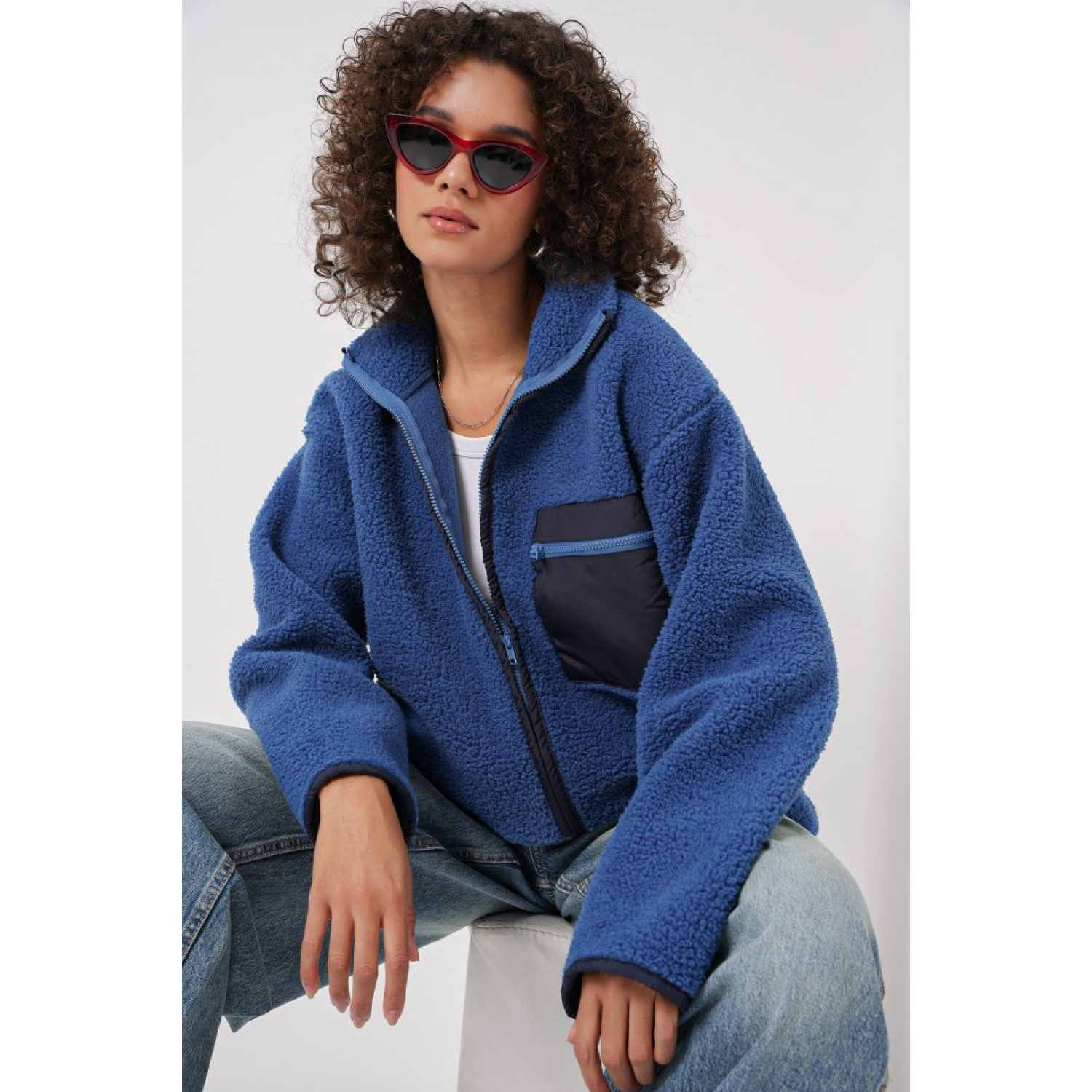 Lucky Life Kadın Fermuarlı Oversize Peluş Ceket - Saks