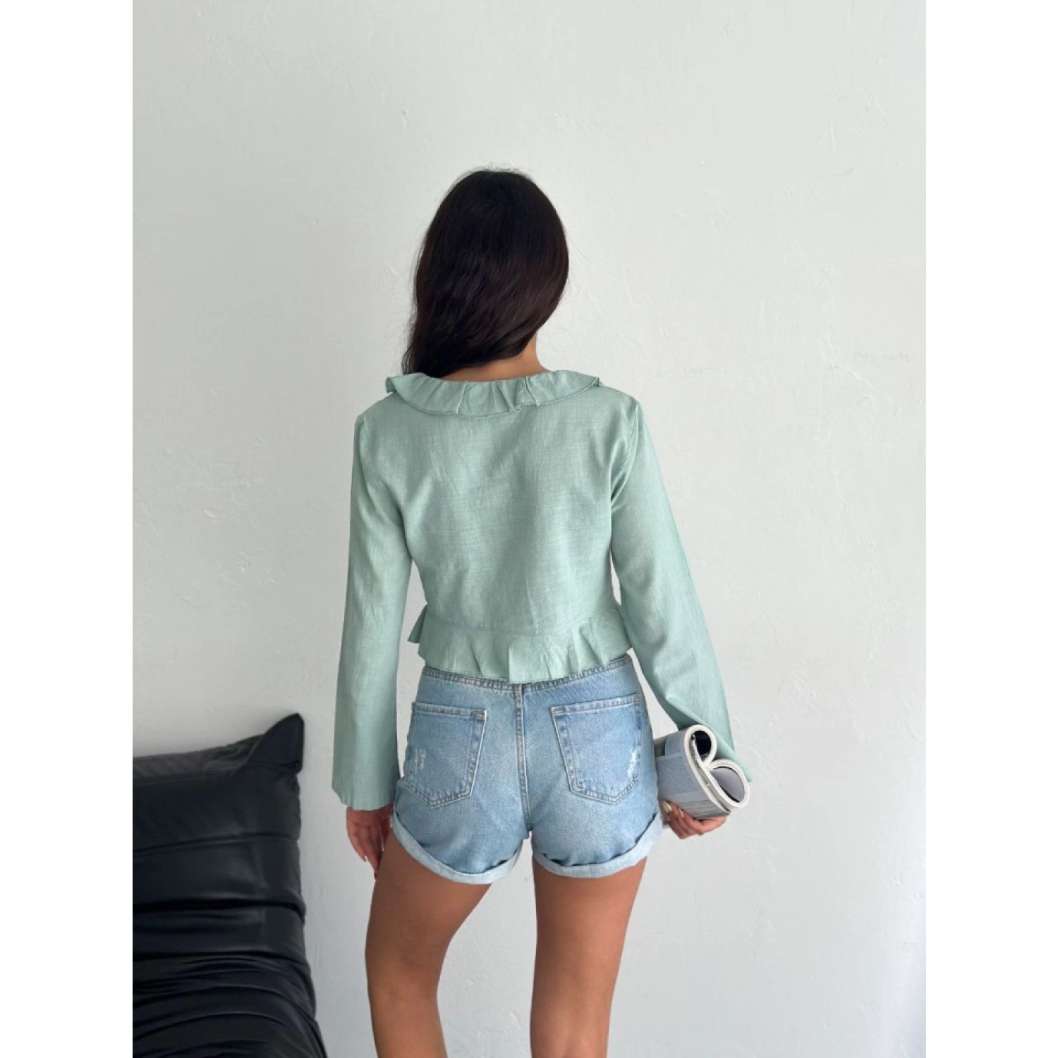 Lucky Life Kadın Keten Uzun Kol Bağacık Detaylı Bluz - Yeşil