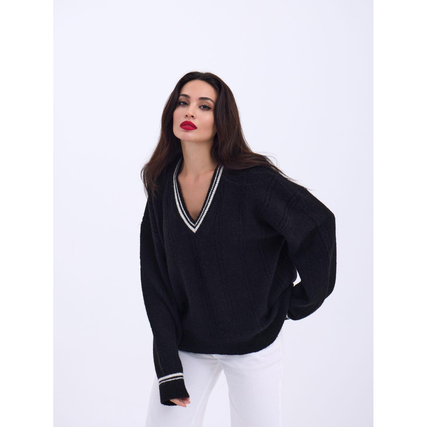 Lucky Life Kadın TRİKO V YAKA ÇİZGİLİ KAZAK-SİYAH-EKRU