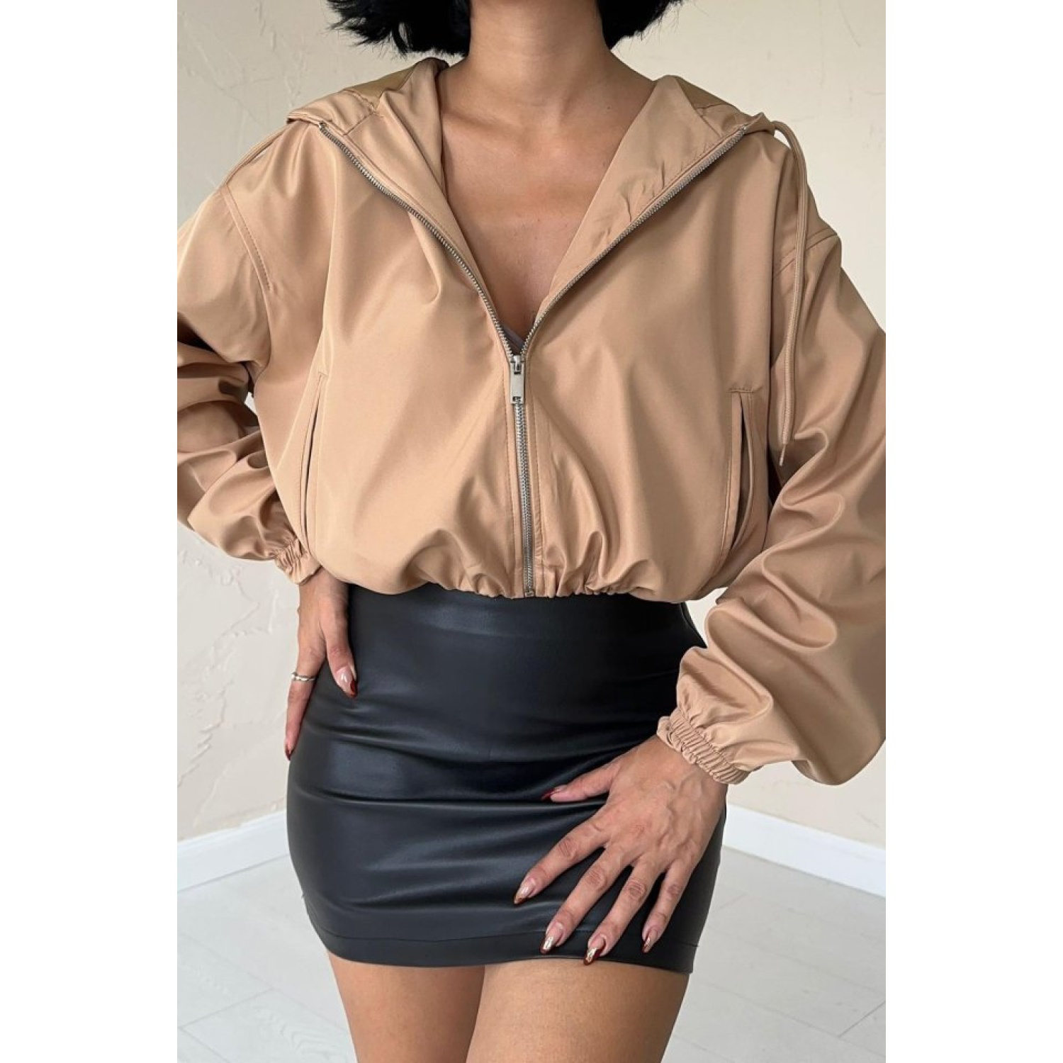 Lucky Life Kadın Vizon Kısa Fermuarlı Bomber Ceket