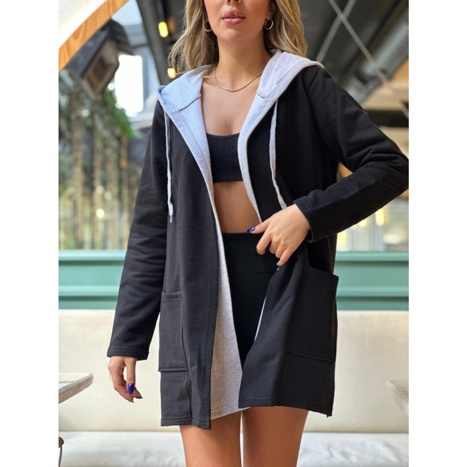 Lucky Life Kadın Uzun Kollu Kapşonlu Bağcıklı Cepli Iki Iplik Cek