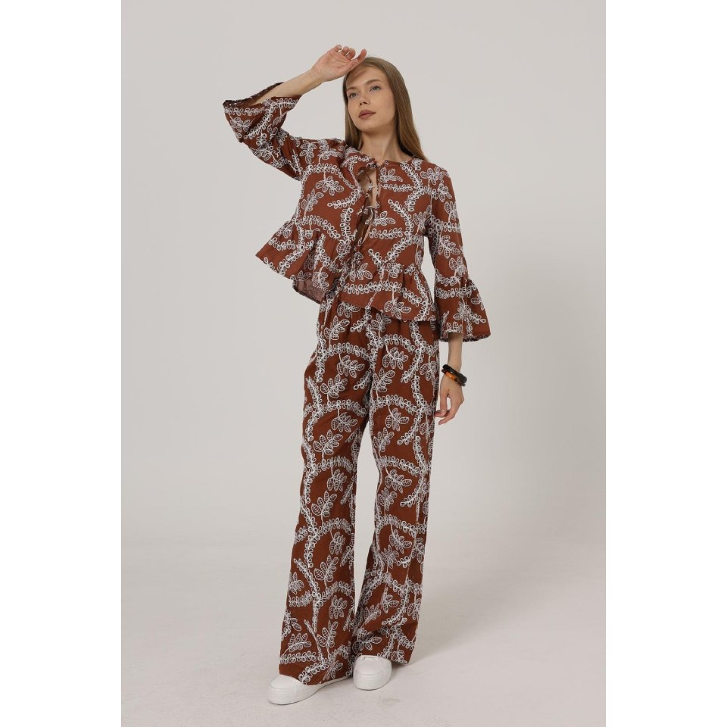 Lucky Life Kadın İşlemeli Oversize Pantolon - Kahve