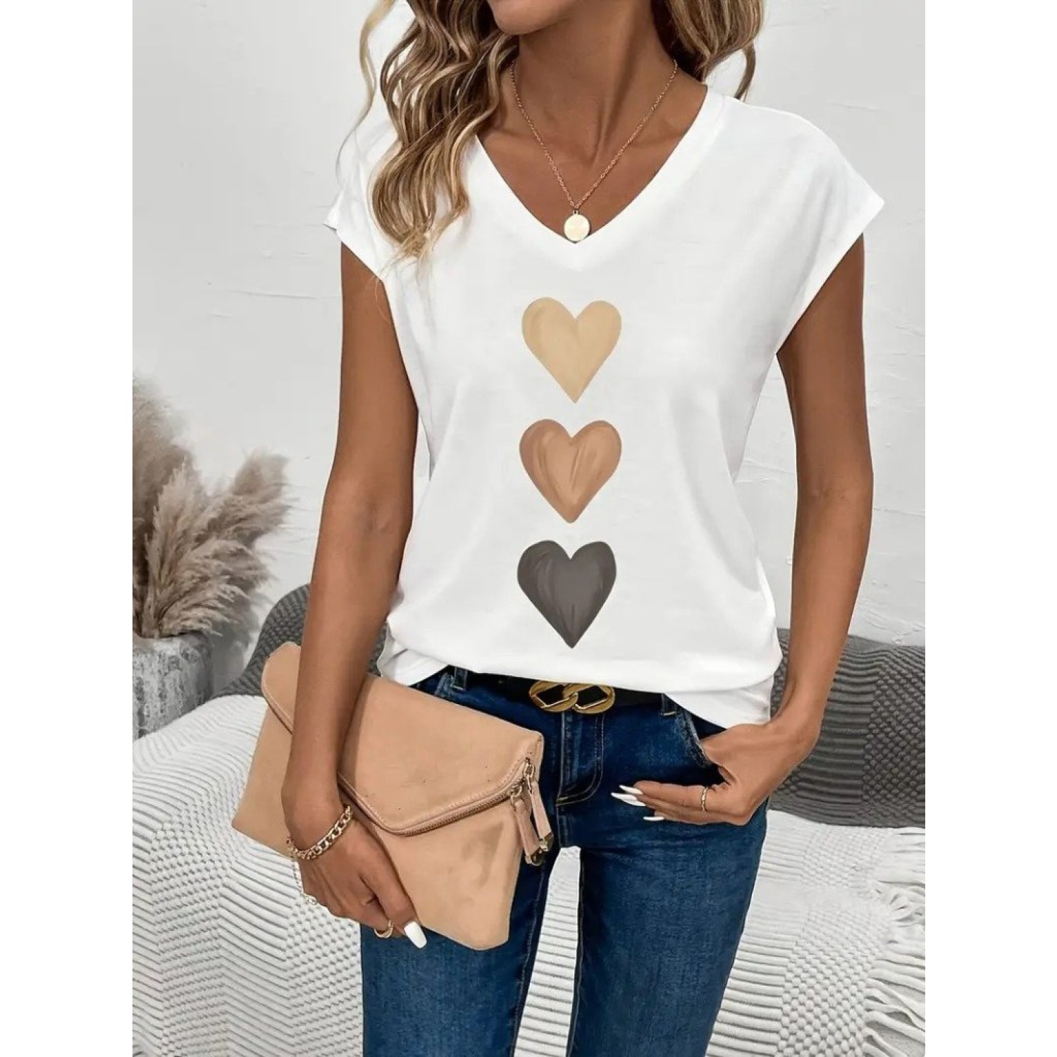 Lucky Life Kadın Kısa Kollu V Yakalı Kalp Desen Viskon Bluz